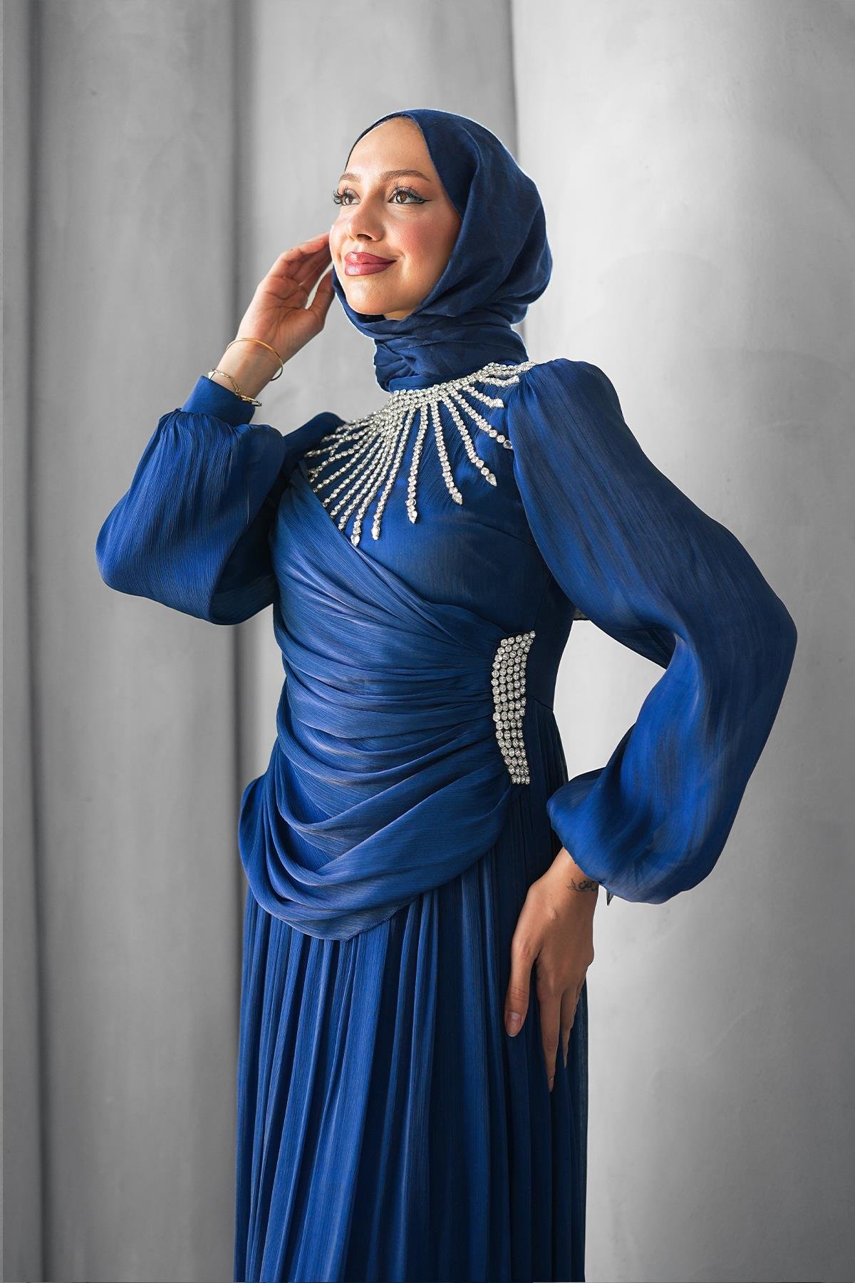 Tesettür Şimal Işıltı Abiye LacivertLP6238