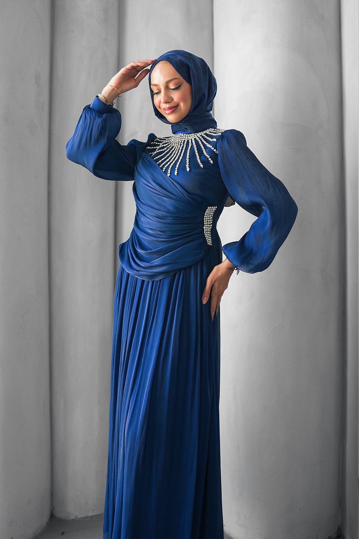 Tesettür Şimal Işıltı Abiye LacivertLP6238