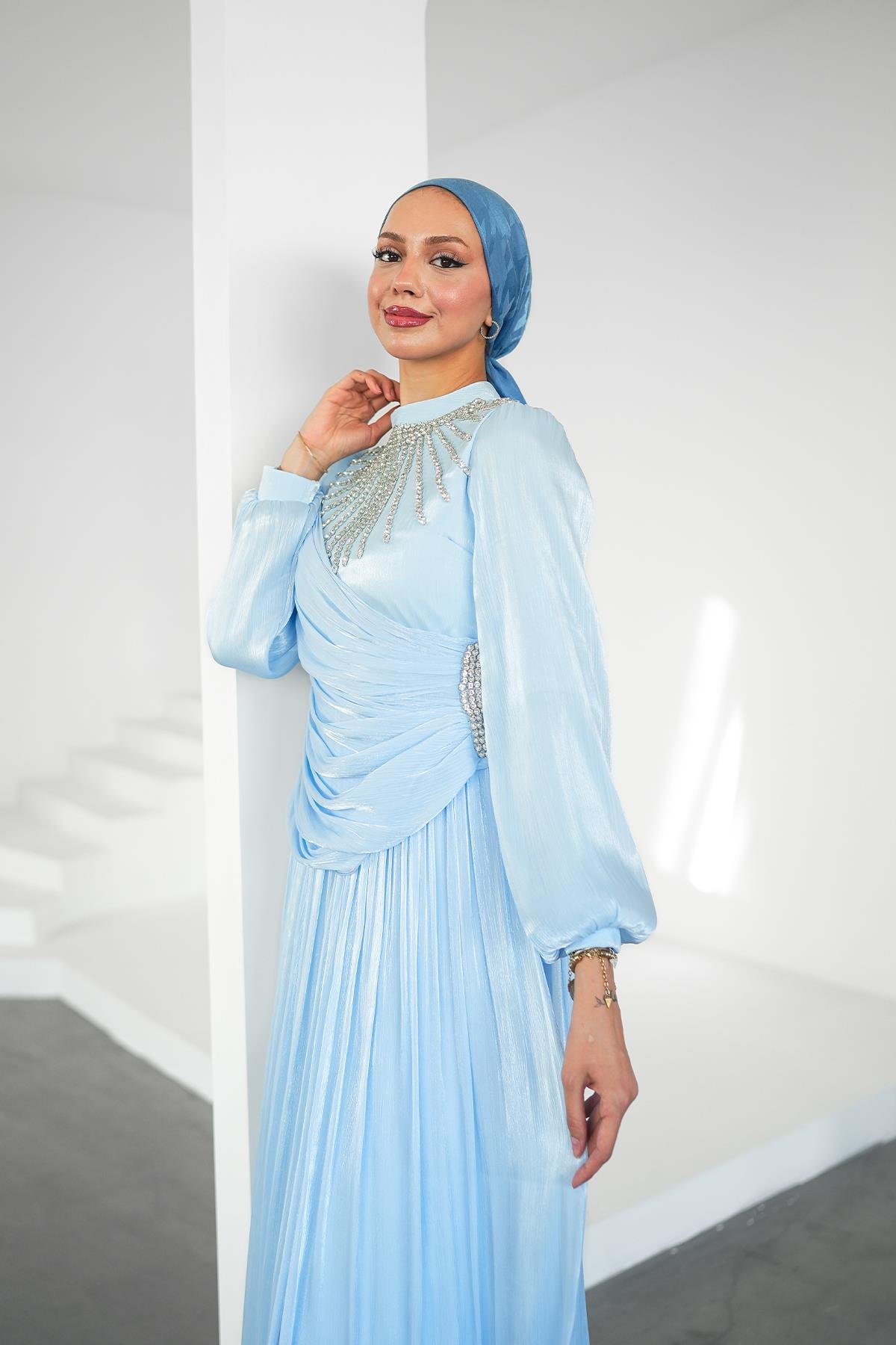 Tesettür Şimal Işıltı Abiye MaviLP6238