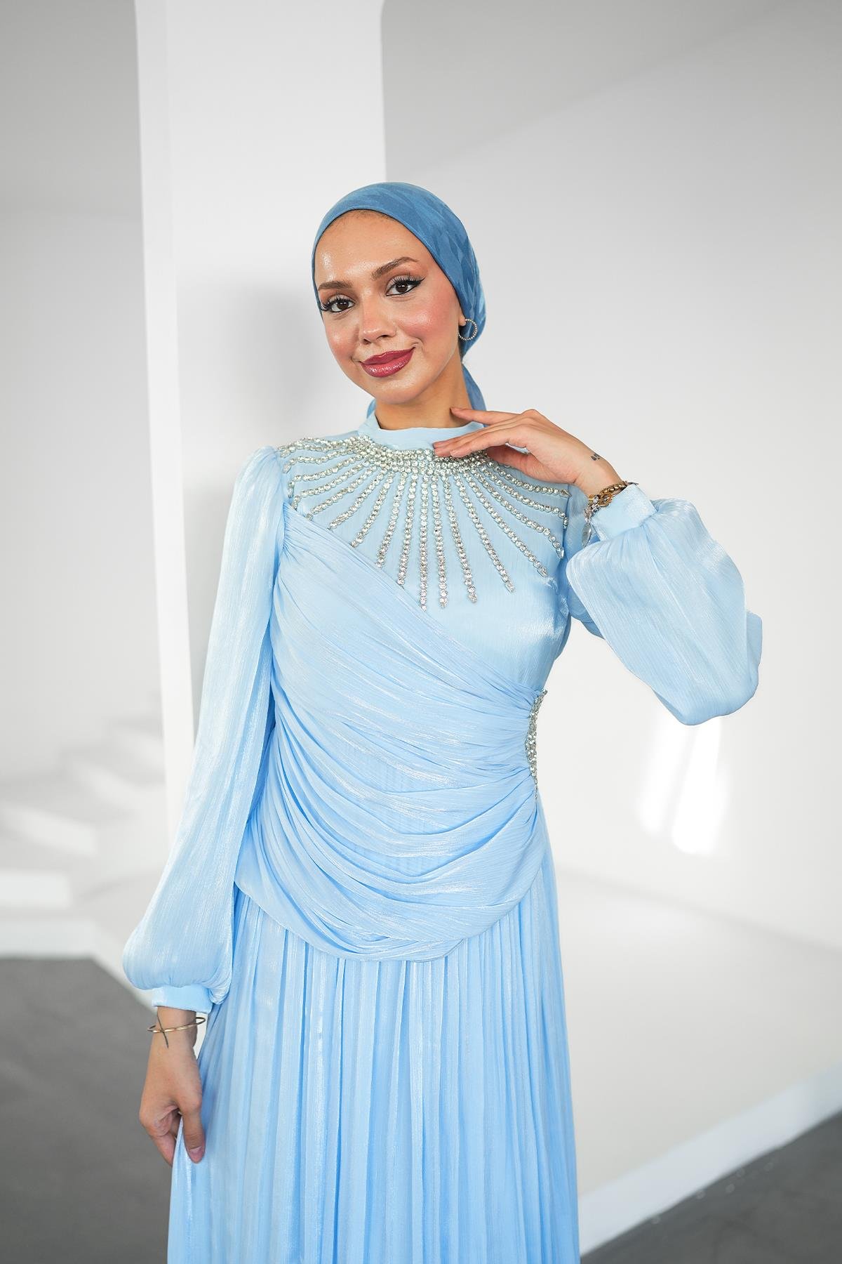 Tesettür Şimal Işıltı Abiye MaviLP6238