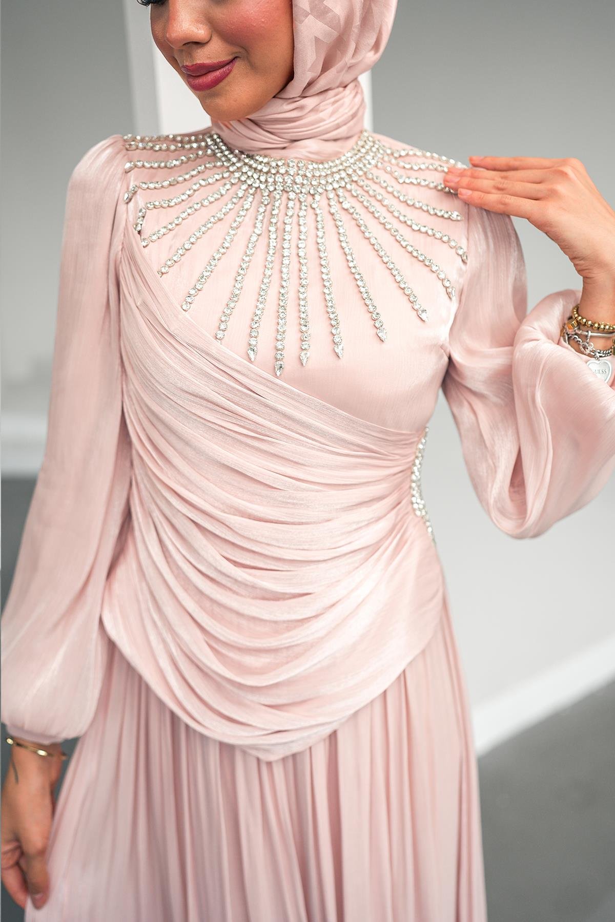 Tesettür Şimal Işıltı Abiye PudraLP6238