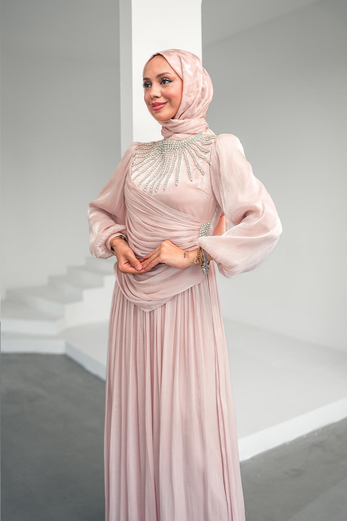 Tesettür Şimal Işıltı Abiye PudraLP6238