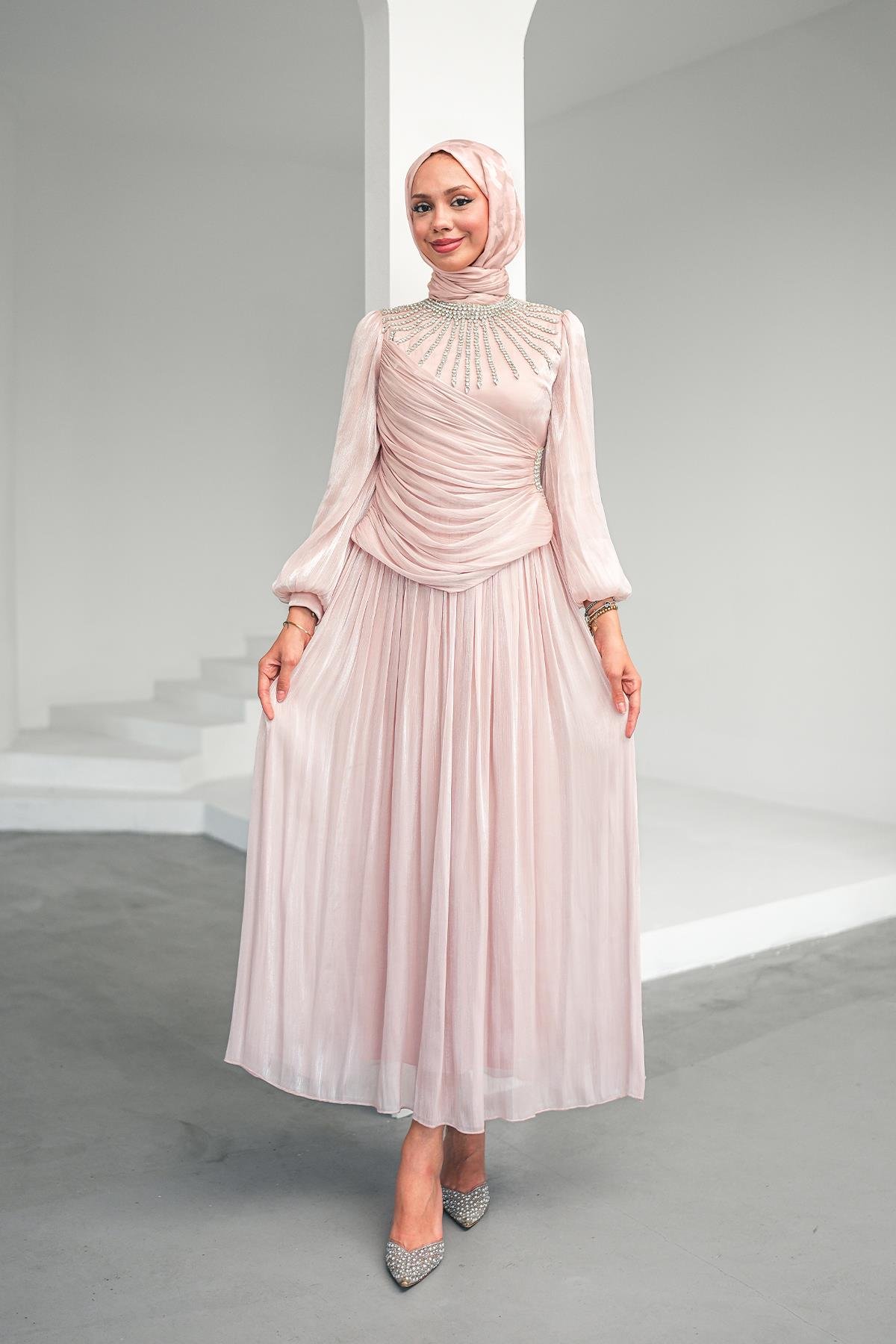 Tesettür Şimal Işıltı Abiye PudraLP6238