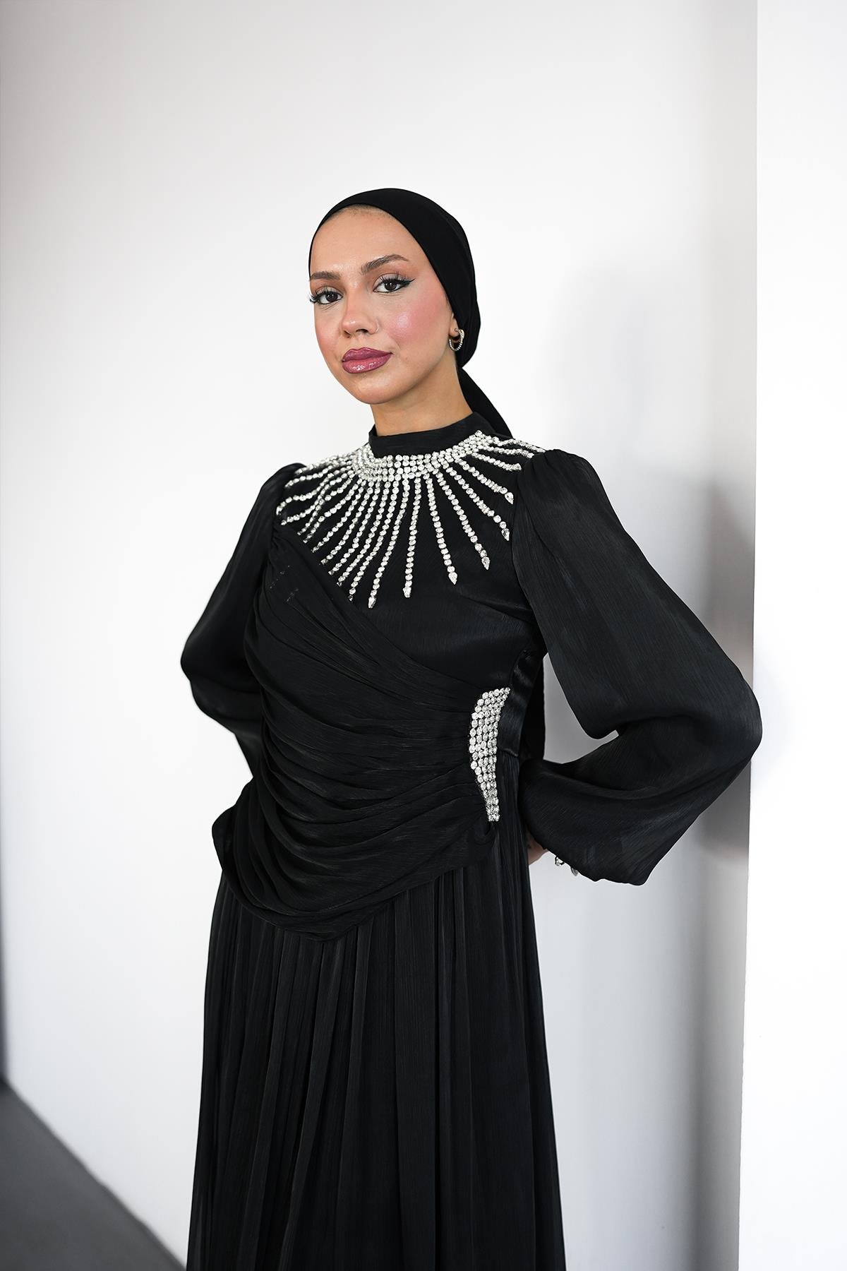 Tesettür Şimal Işıltı Abiye SiyahLP6238