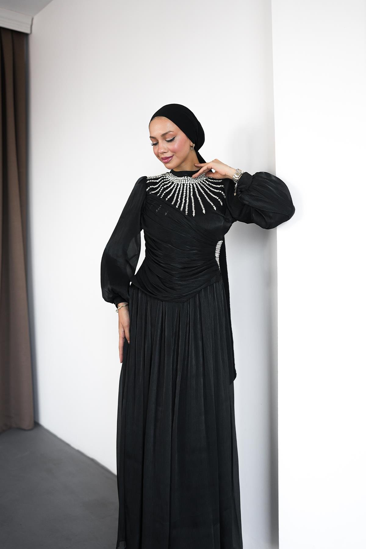 Tesettür Şimal Işıltı Abiye SiyahLP6238