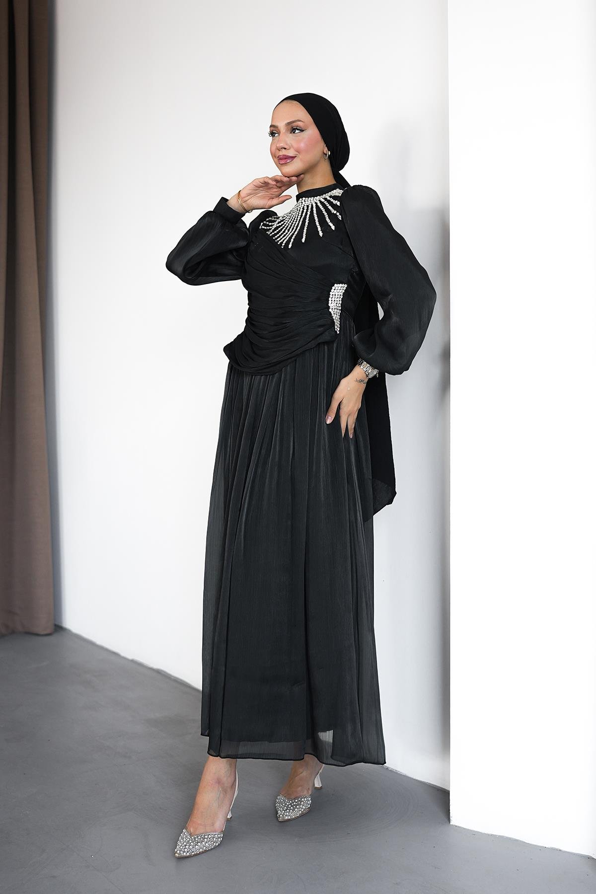 Tesettür Şimal Işıltı Abiye SiyahLP6238