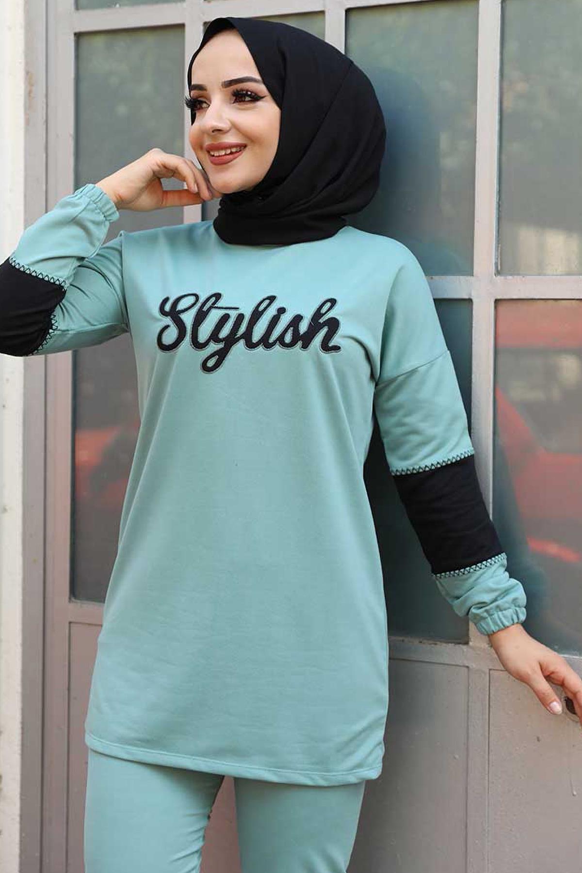 Tesettür Stylish Baskılı Kombin MintHM1544