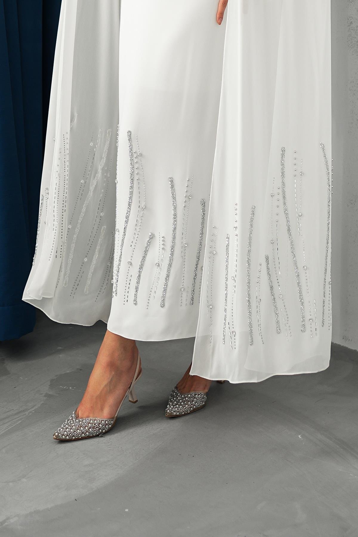 Tesettür Talin Adrina Krep Abiye BeyazLP6301