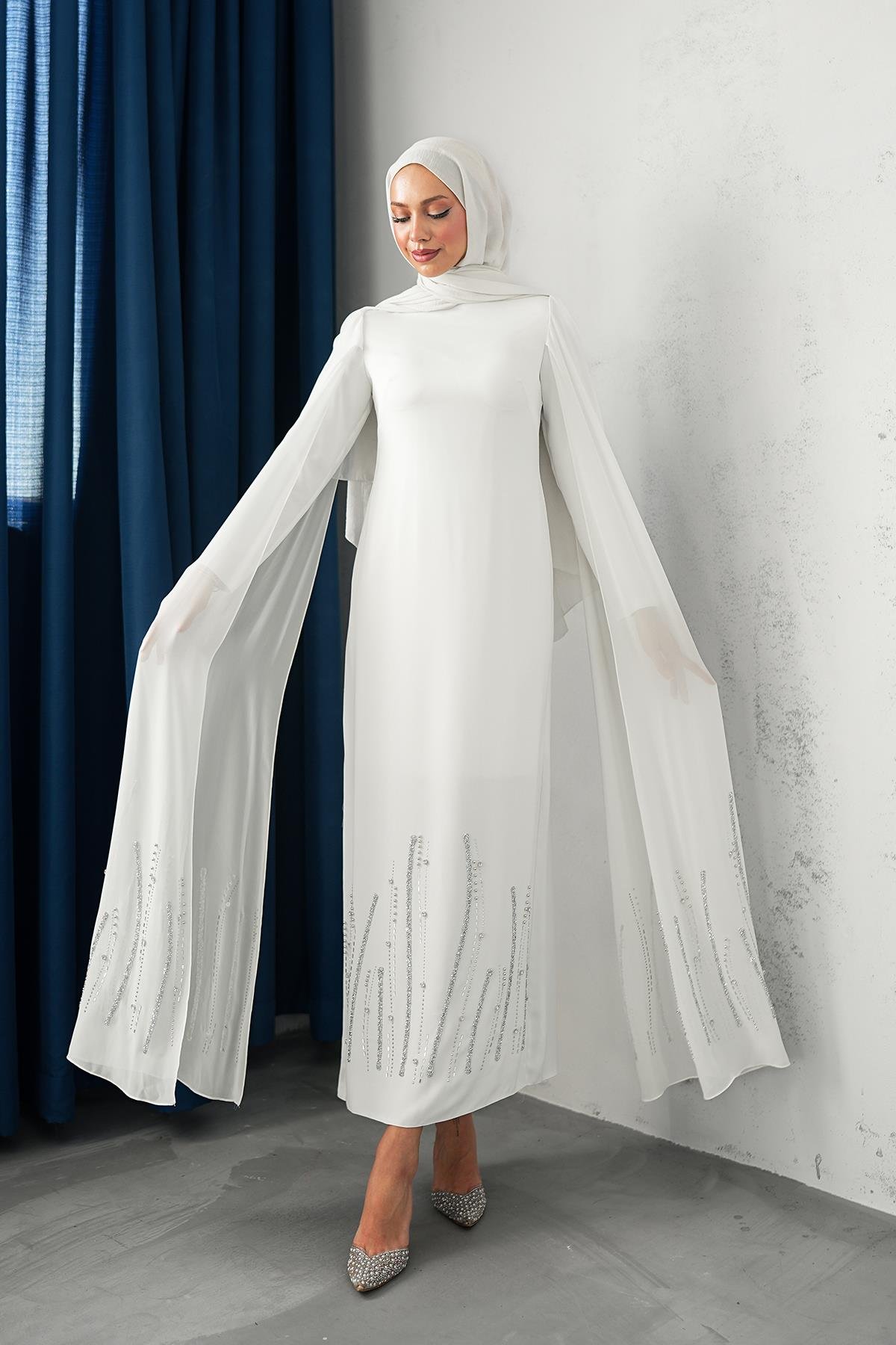 Tesettür Talin Adrina Krep Abiye BeyazLP6301