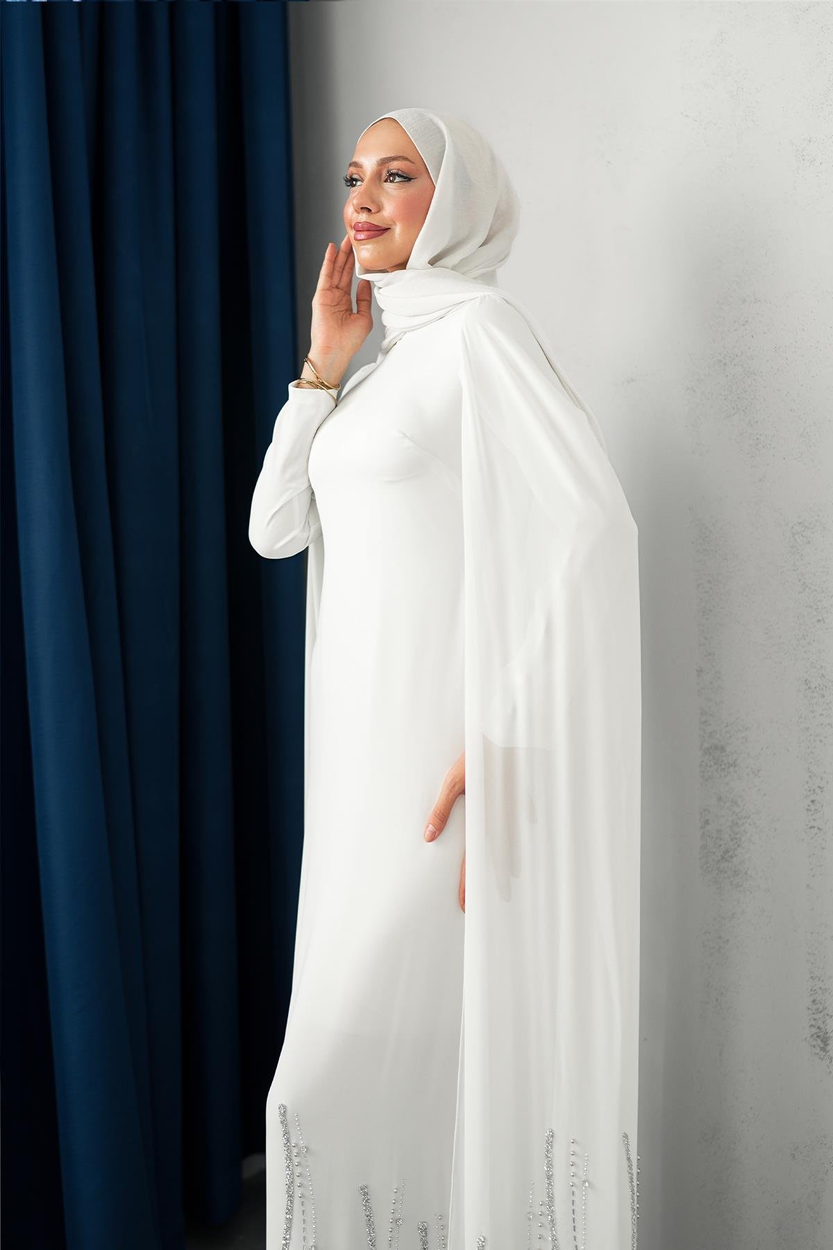 Tesettür Talin Adrina Krep Abiye BeyazLP6301