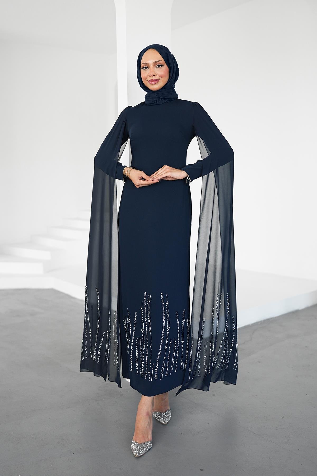 Tesettür Talin Adrina Krep Abiye LacivertLP6301