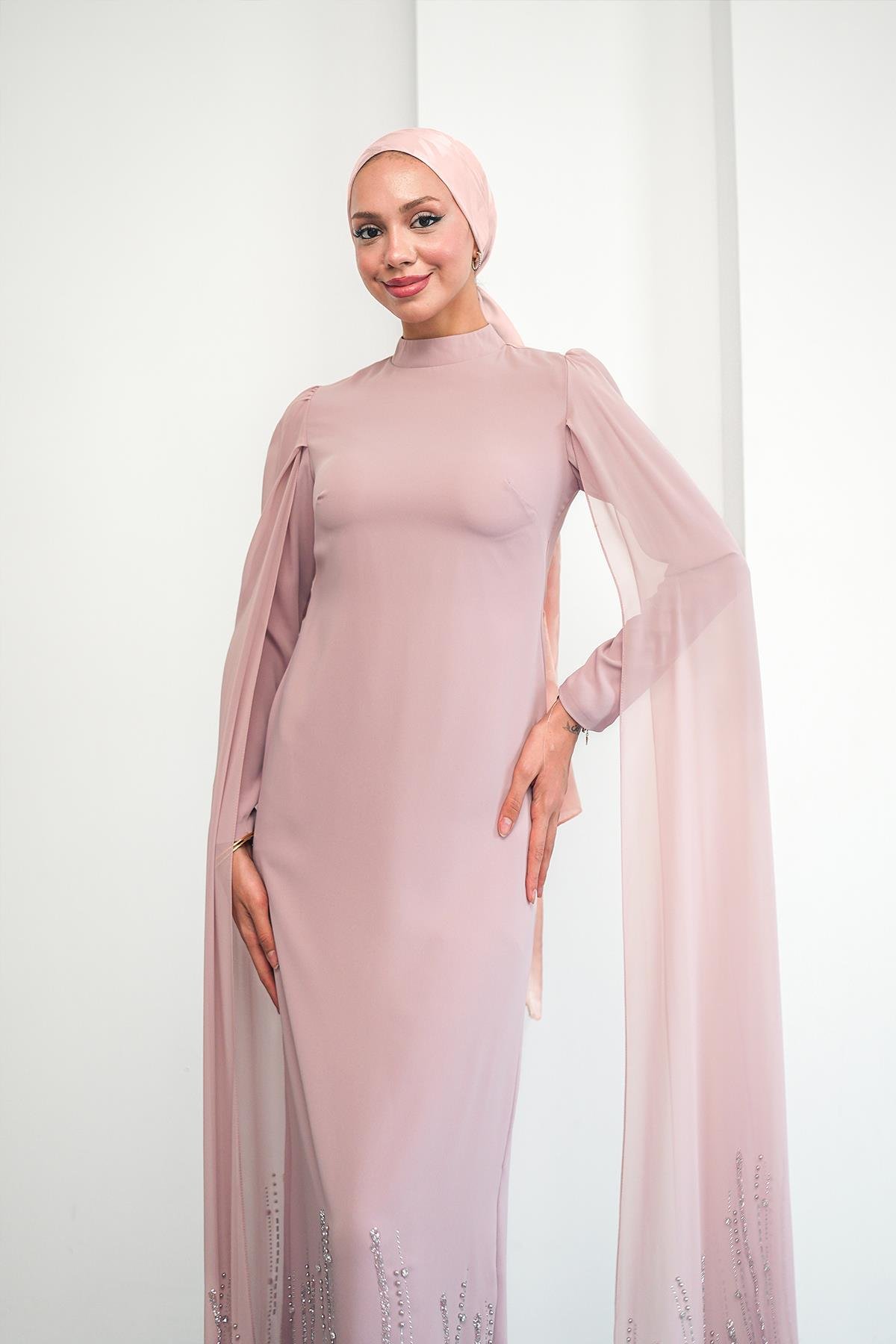 Tesettür Talin Adrina Krep Abiye PudraLP6301