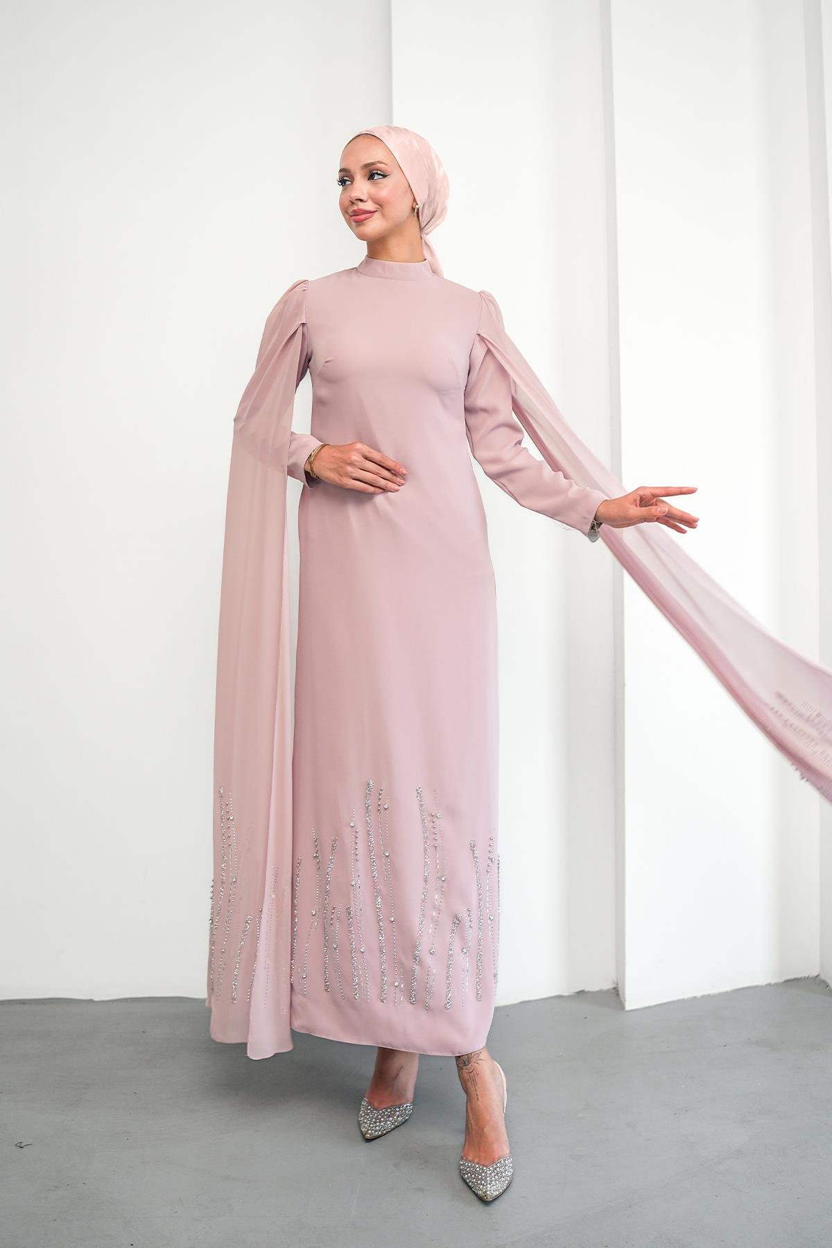 Tesettür Talin Adrina Krep Abiye PudraLP6301