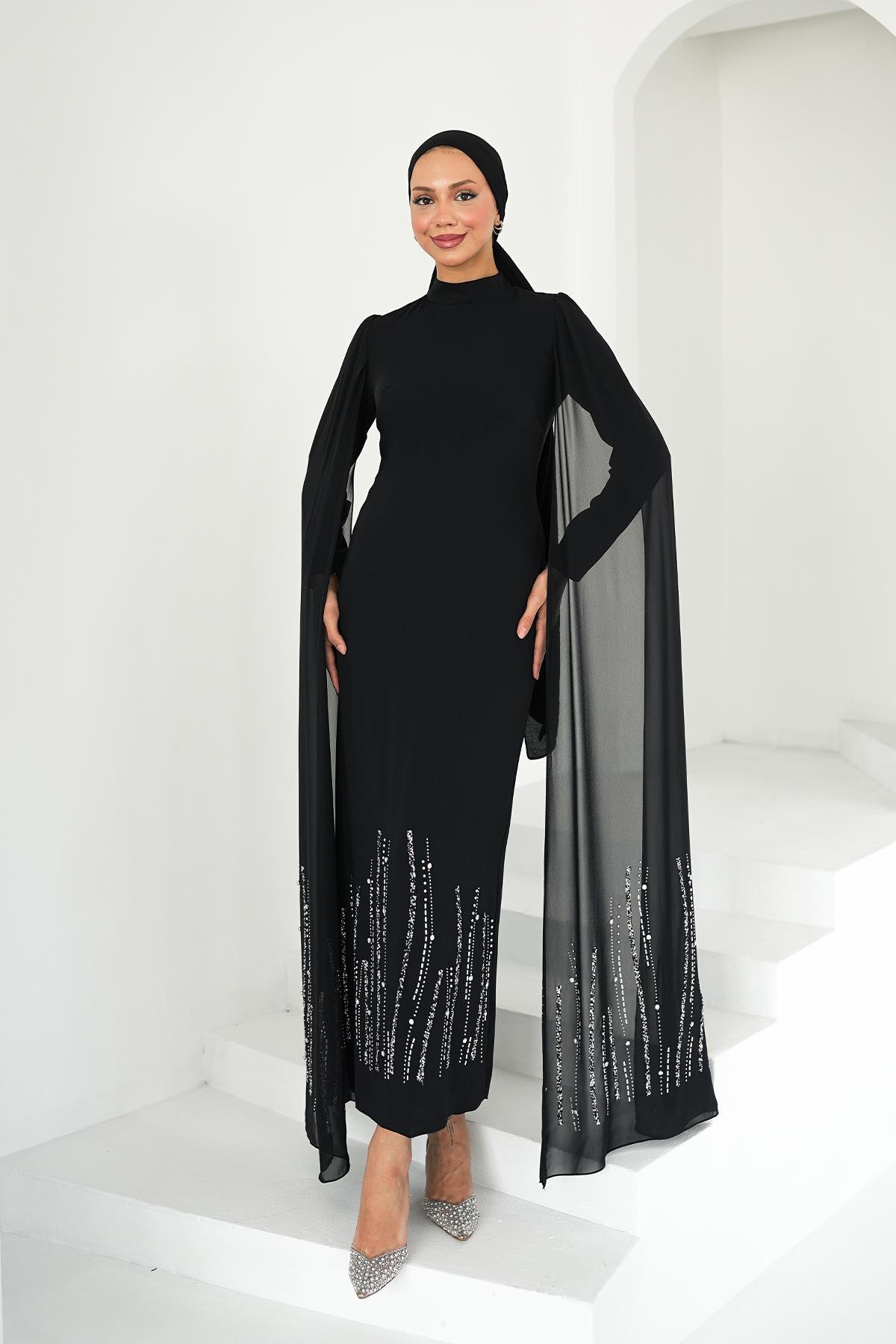 Tesettür Talin Adrina Krep Abiye SiyahLP6301