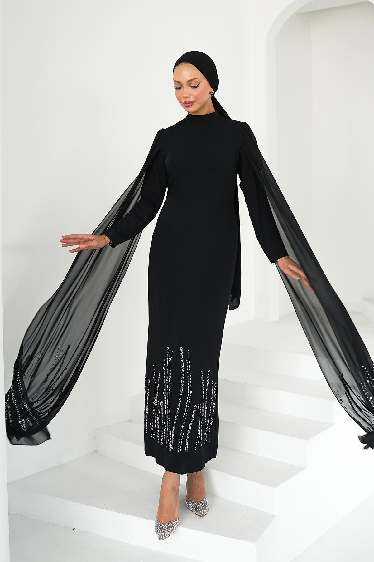 Tesettür Talin Adrina Krep Abiye SiyahLP6301