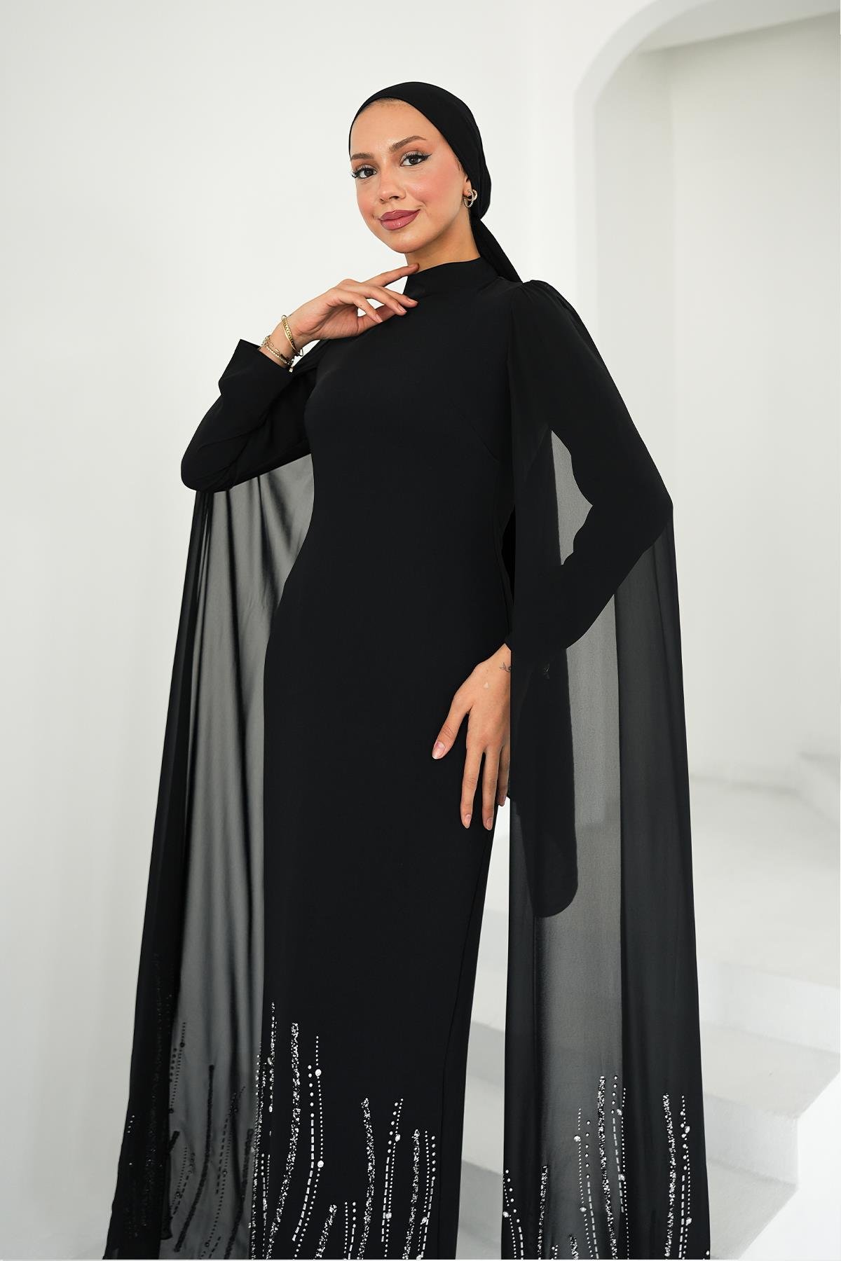 Tesettür Talin Adrina Krep Abiye SiyahLP6301