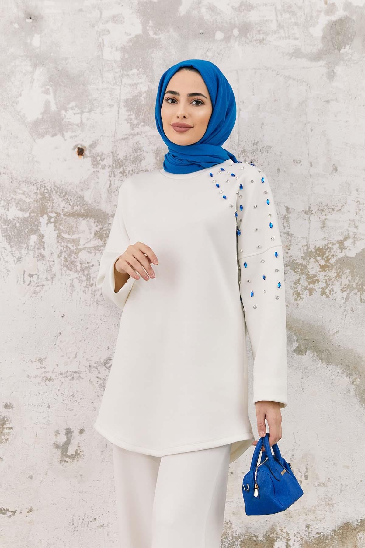 Tesettür Taş İşlemeli Sweat BeyazHM4065