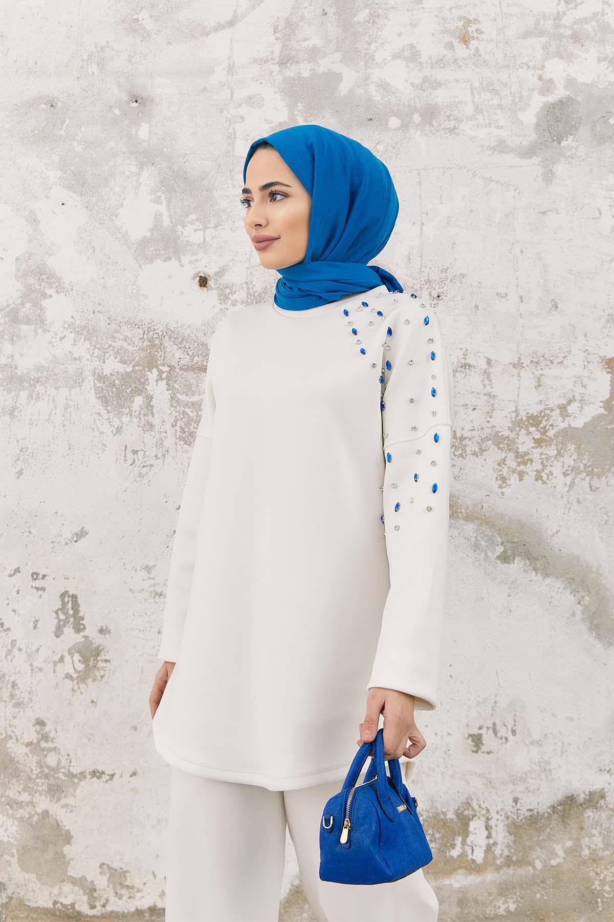 Tesettür Taş İşlemeli Sweat BeyazHM4065
