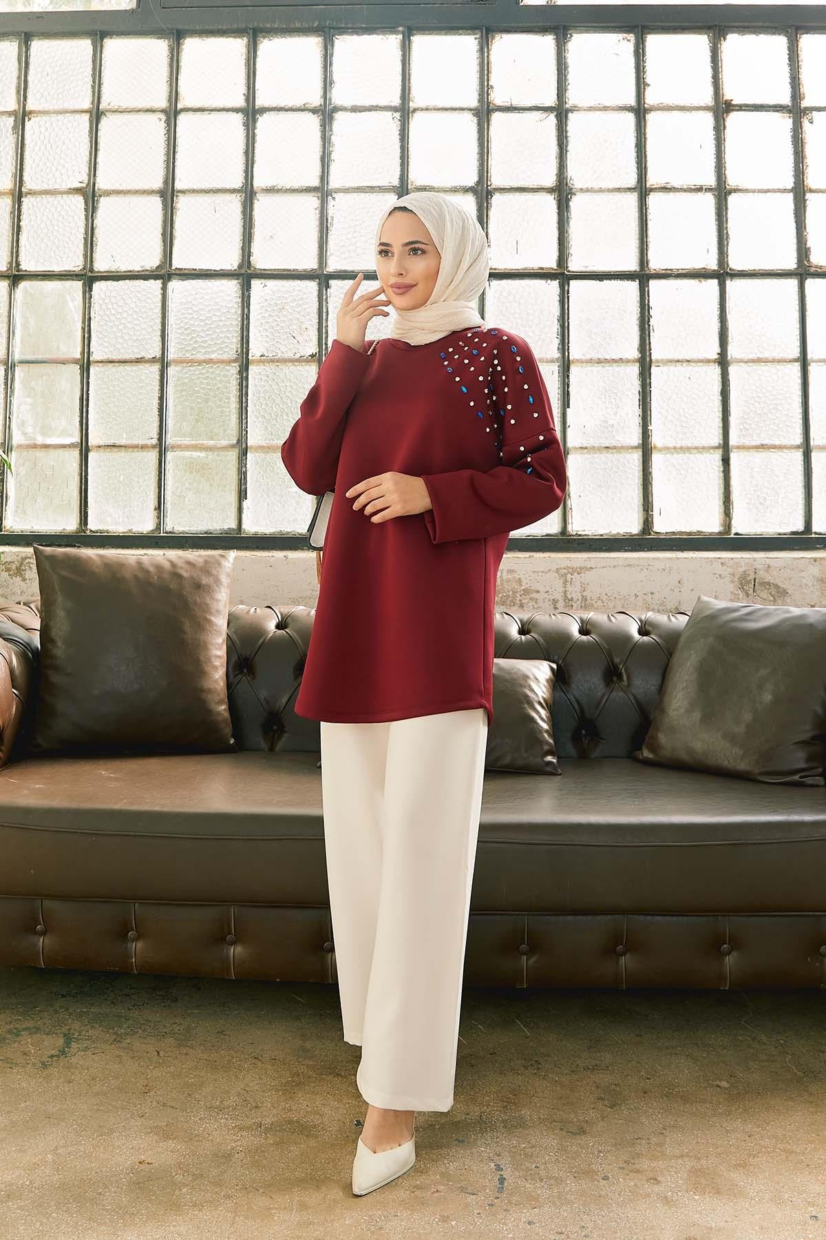 Tesettür Taş İşlemeli Sweat BordoHM4065
