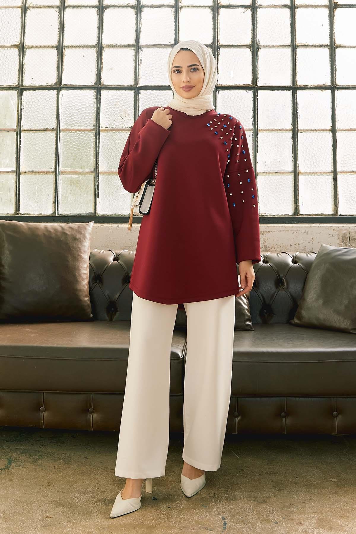 Tesettür Taş İşlemeli Sweat BordoHM4065