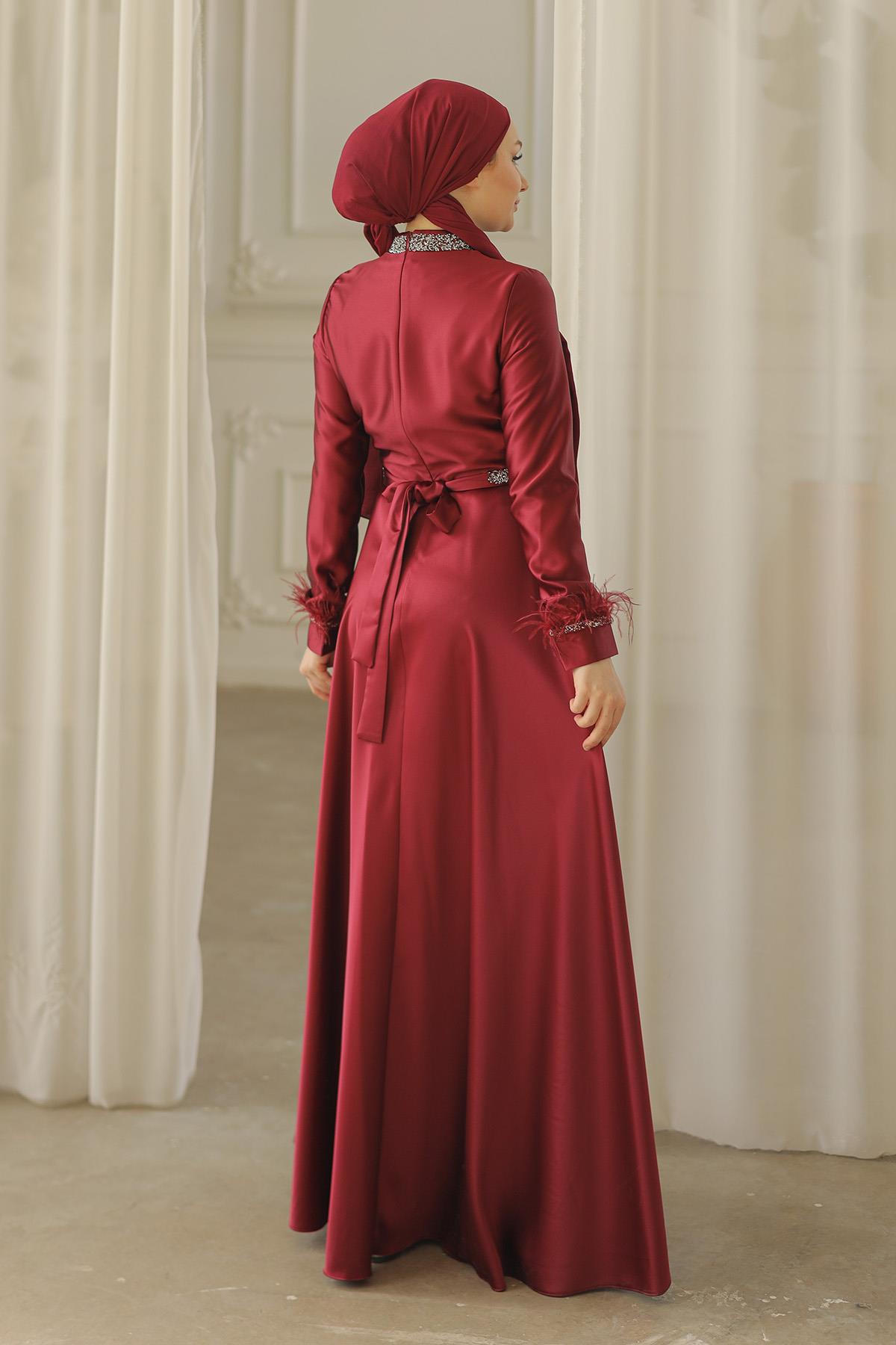Tesettür Tüy ve Meç Detaylı Saten Abiye BordoLP6033-1