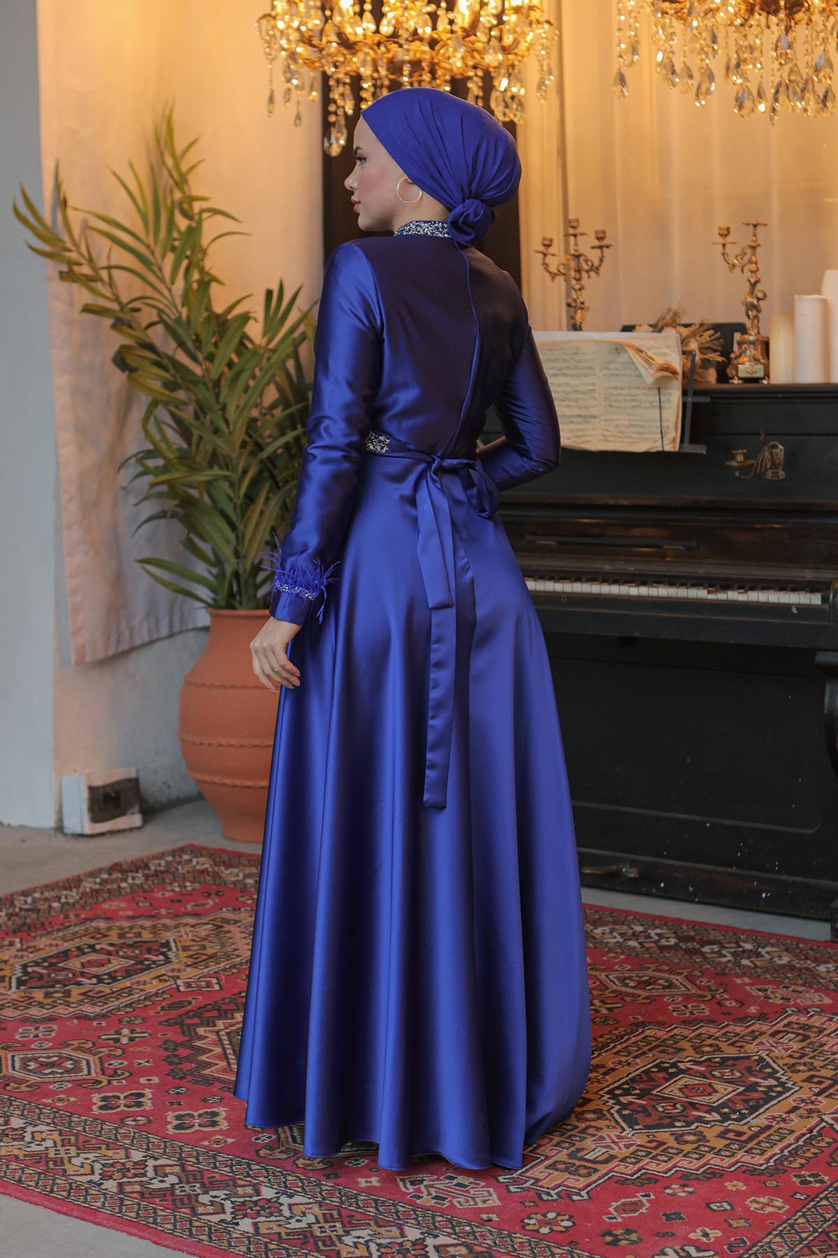 Tesettür Tüy ve Meç Detaylı Saten Abiye Saks MavisiLP6033-1