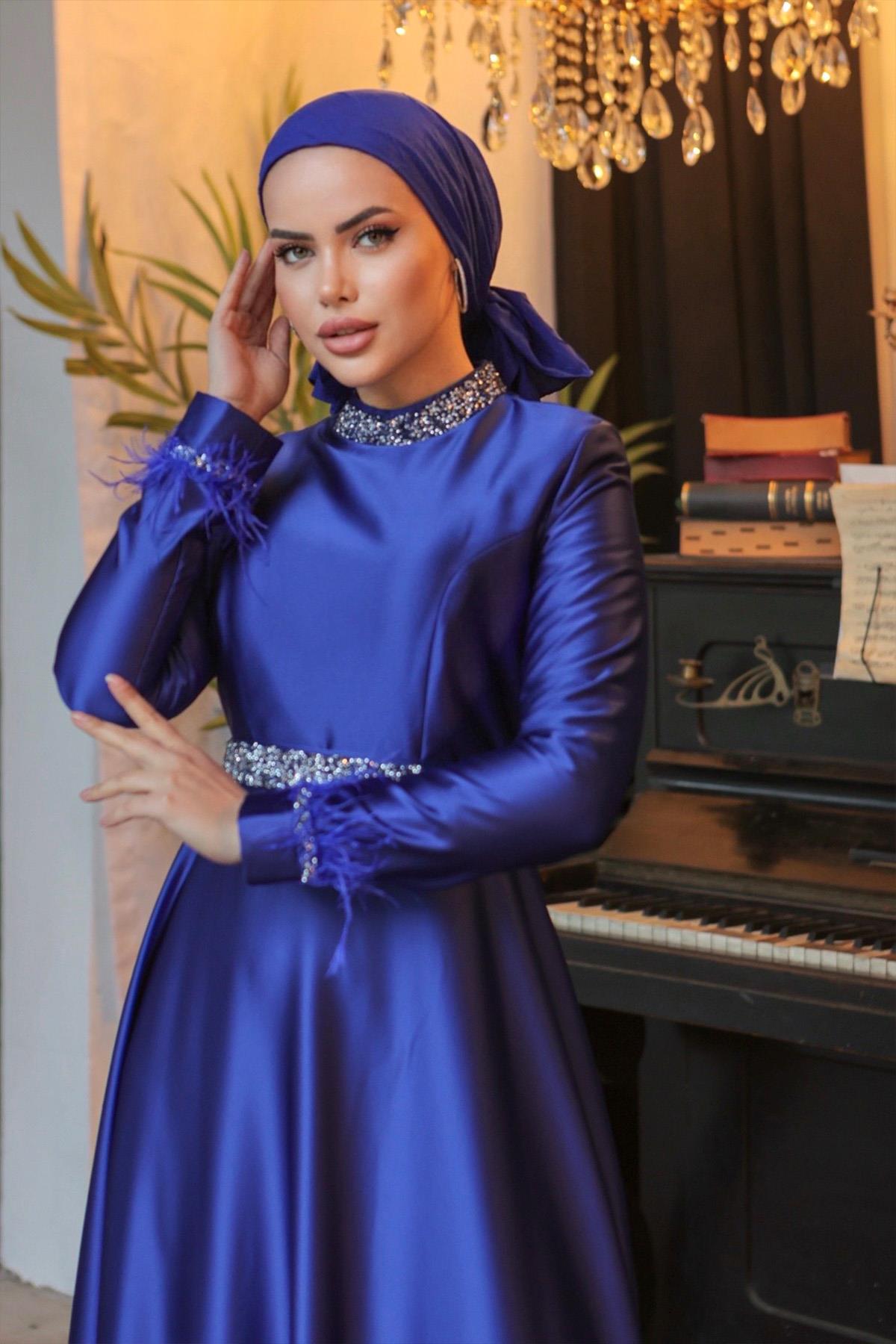 Tesettür Tüy ve Meç Detaylı Saten Abiye Saks MavisiLP6033-1