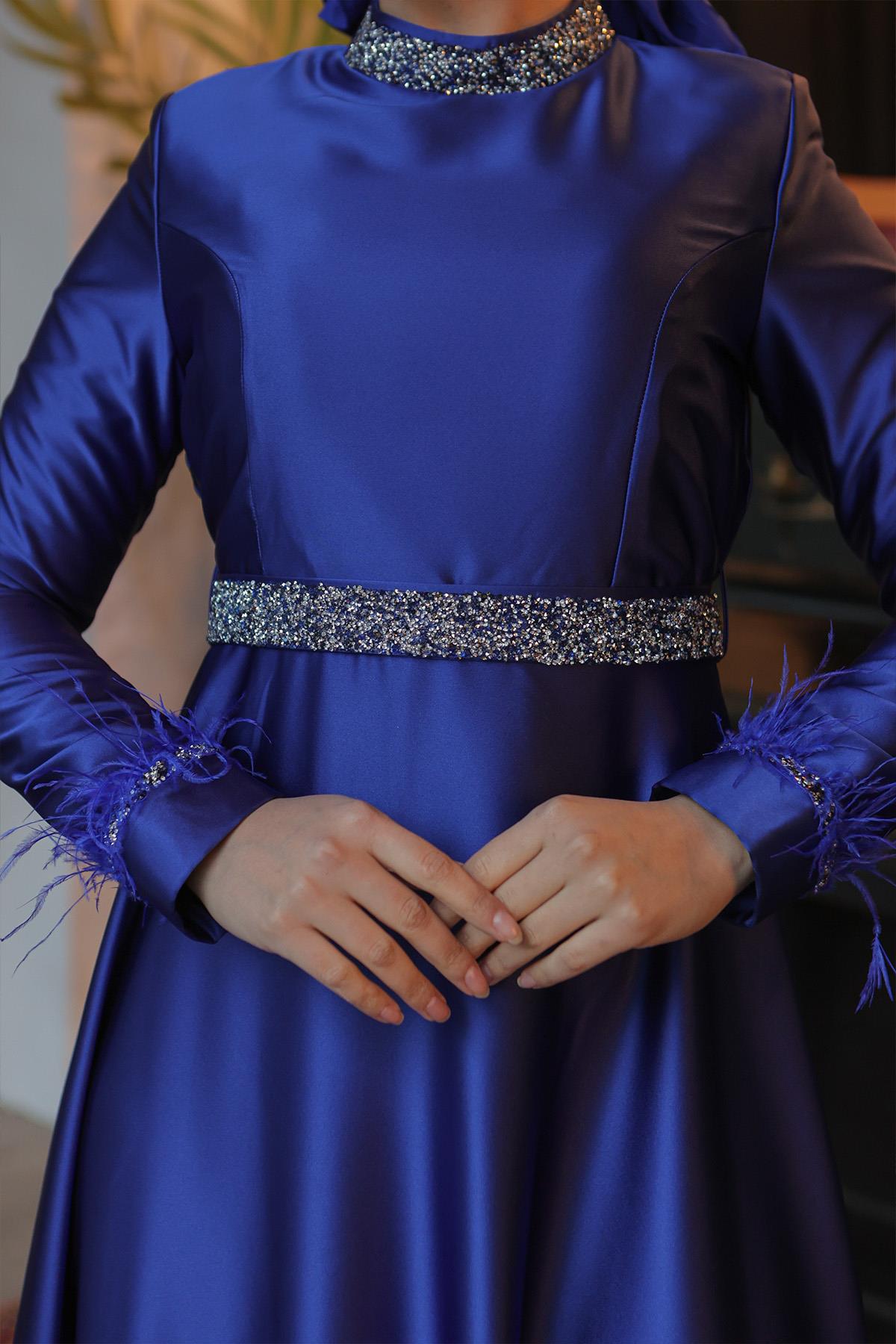 Tesettür Tüy ve Meç Detaylı Saten Abiye Saks MavisiLP6033-1