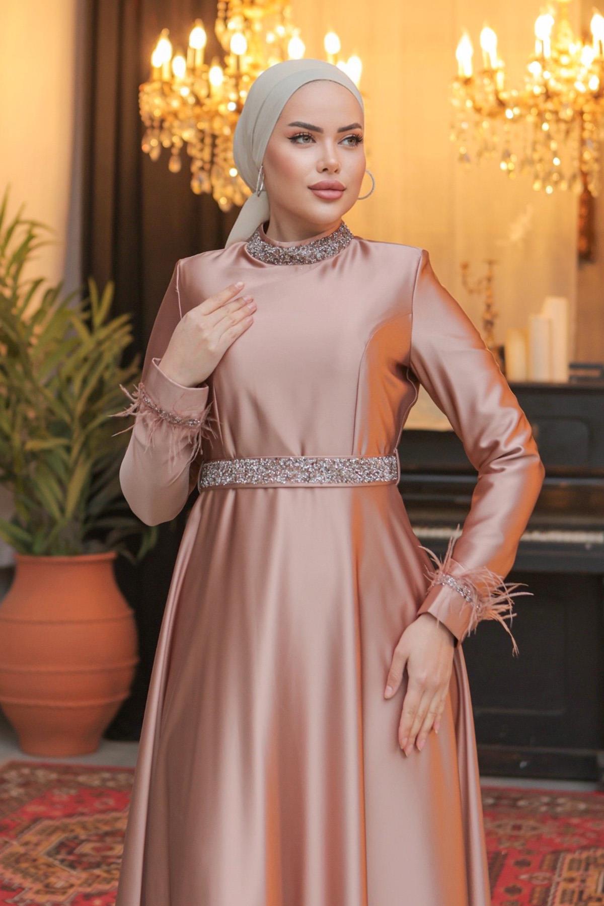 Tesettür Tüy ve Meç Detaylı Saten Abiye CamelLP6033-1