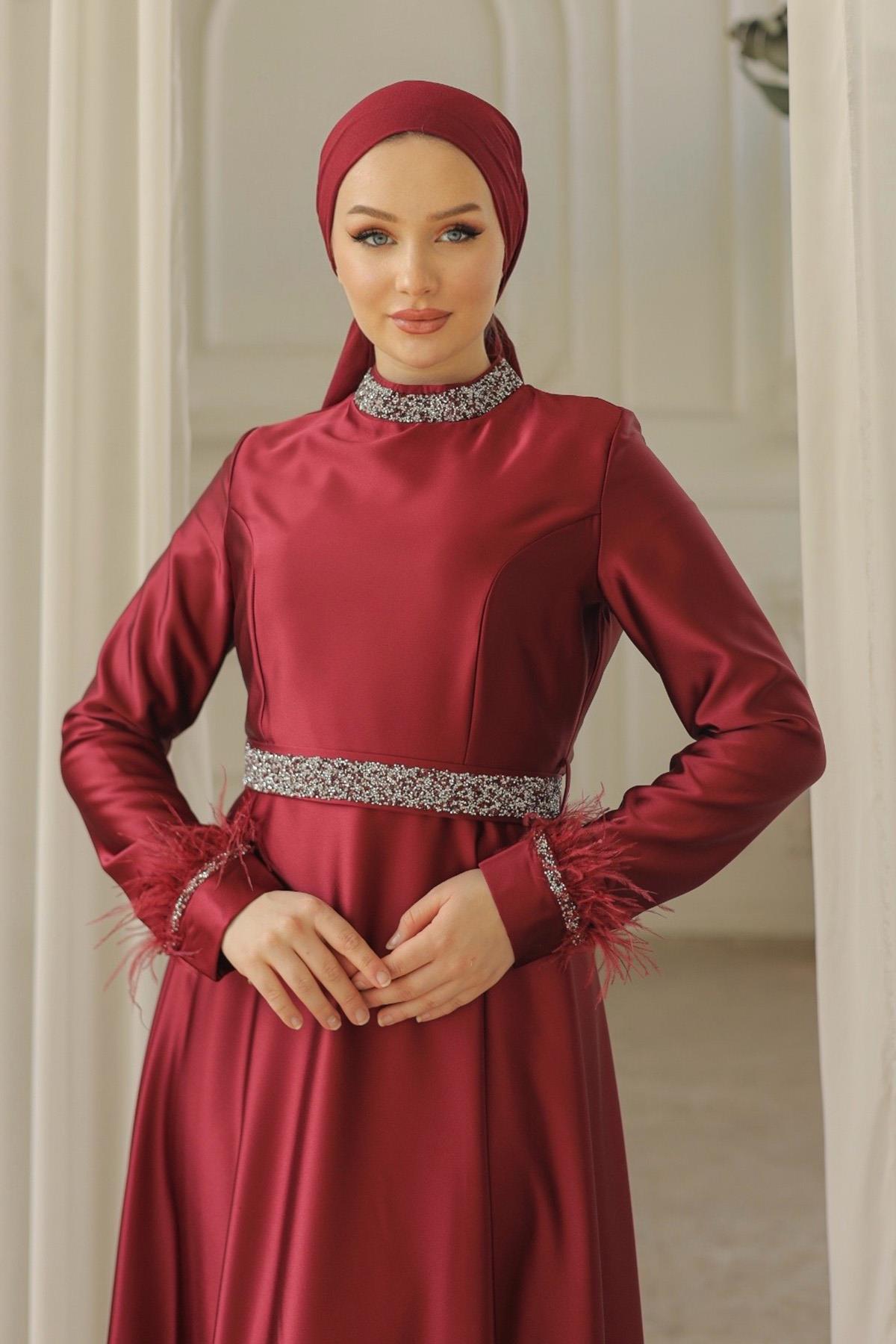 Tesettür Tüy ve Meç Detaylı Saten Abiye BordoLP6033-1