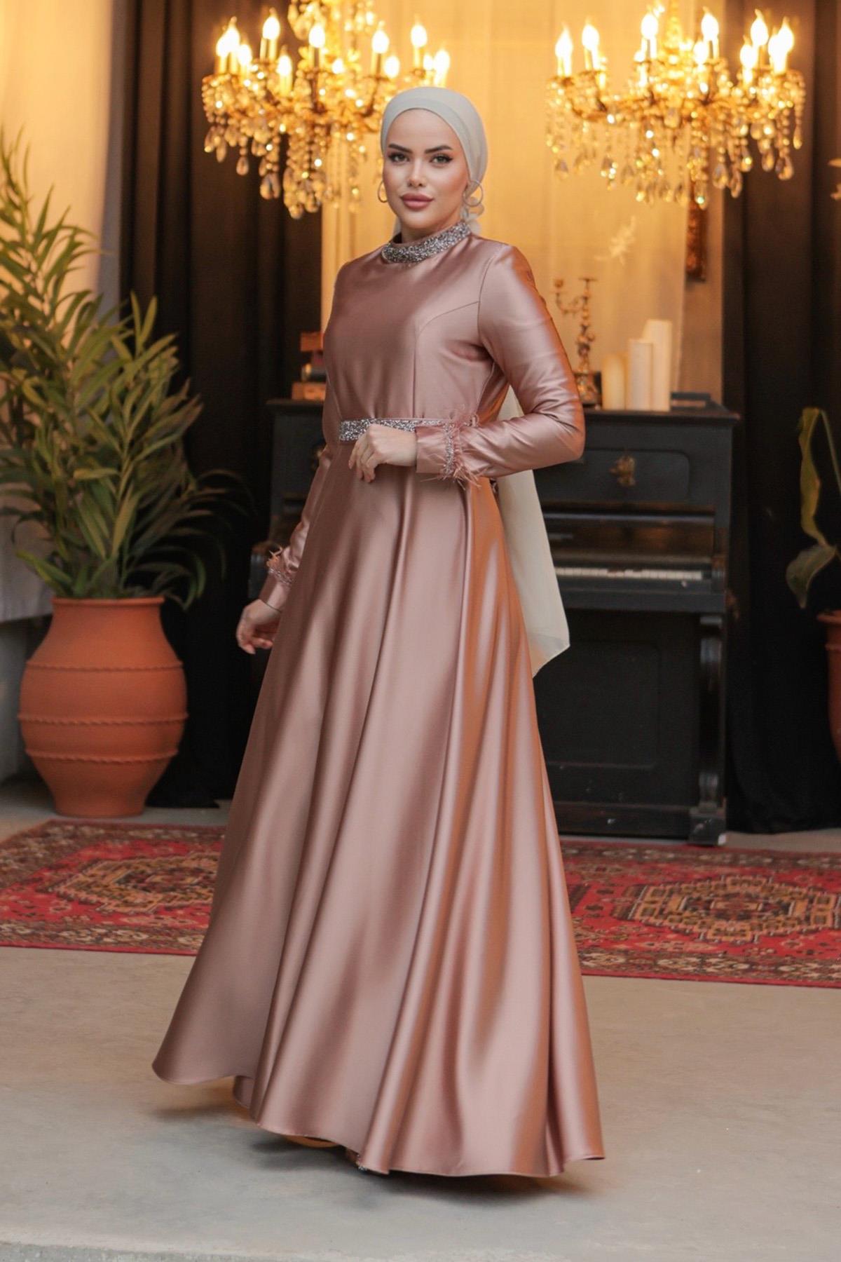 Tesettür Tüy ve Meç Detaylı Saten Abiye CamelLP6033-1