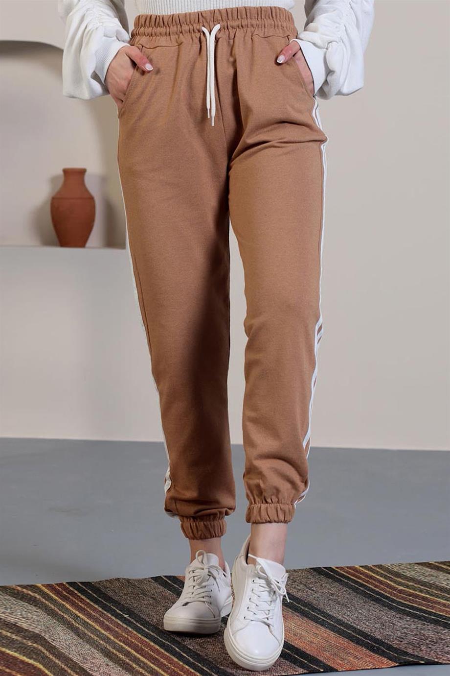 Tesettür Üç Şeritli Cepli Eşofman Altı TabaHM0050