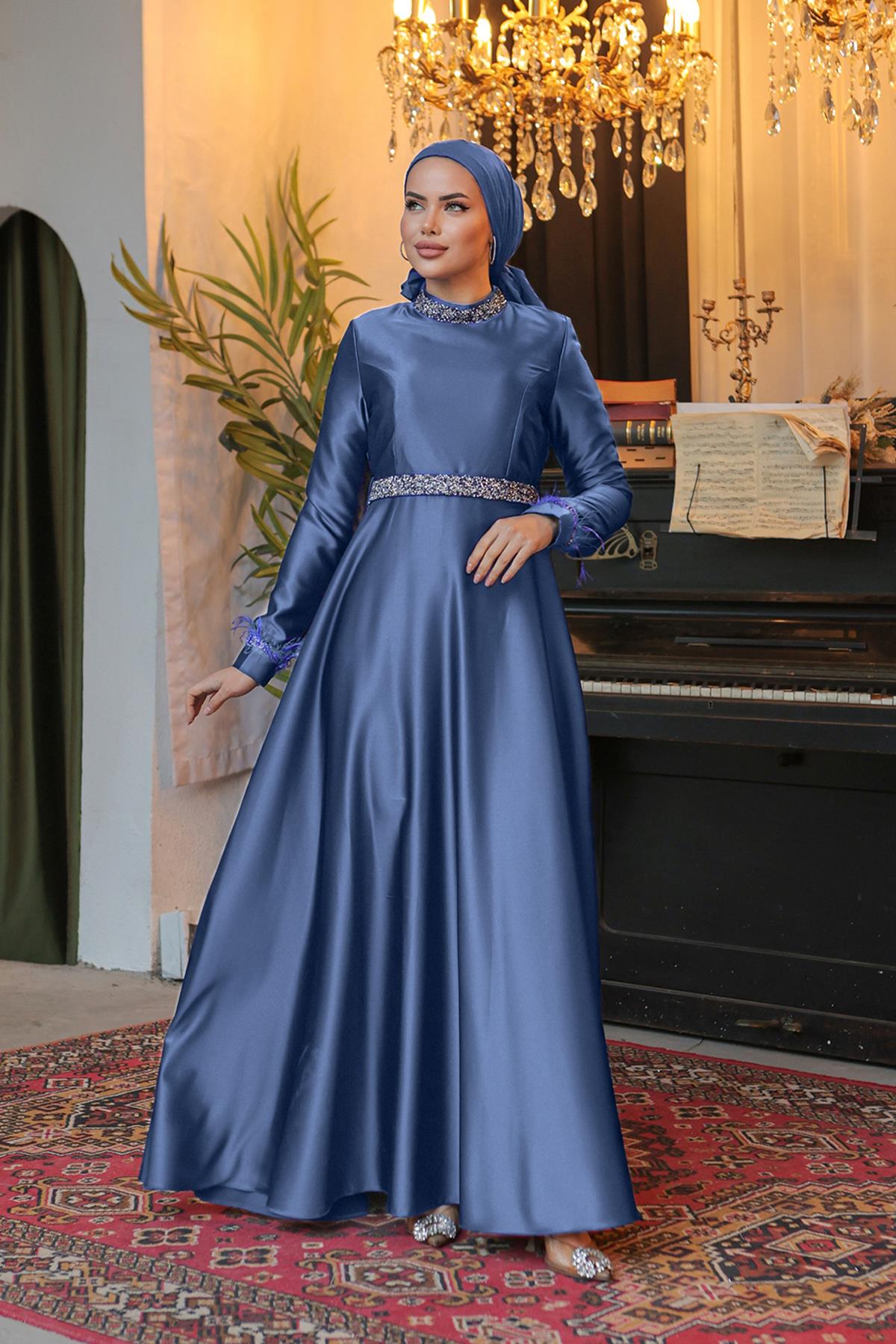 Tesettür Verana Saten Abiye IndigoLP6033-1