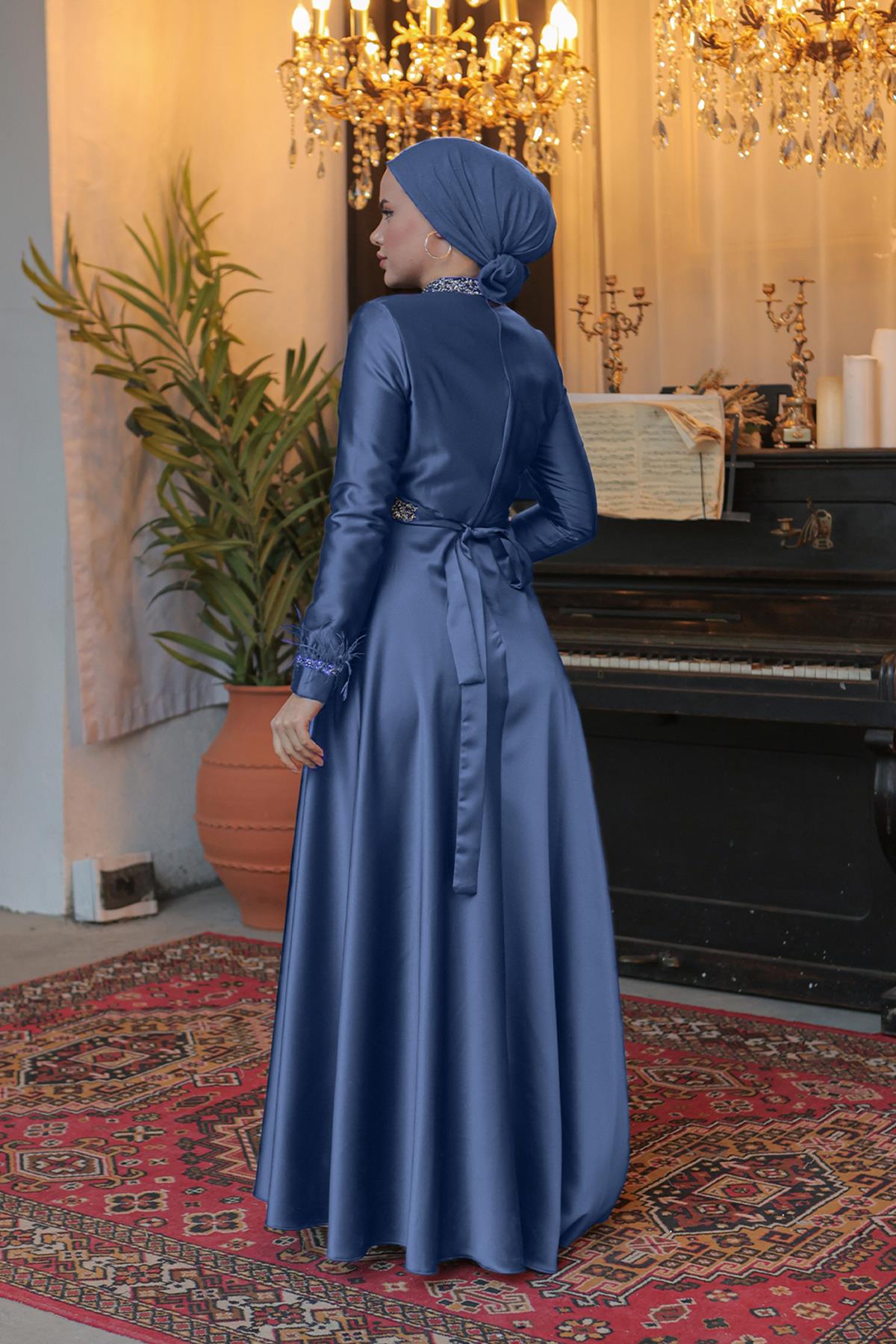 Tesettür Verana Saten Abiye IndigoLP6033-1