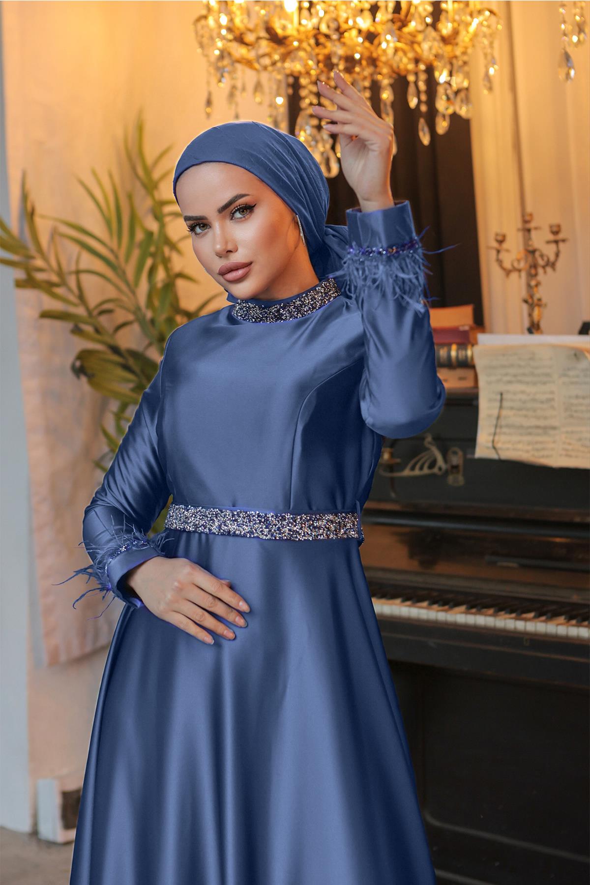 Tesettür Verana Saten Abiye IndigoLP6033-1