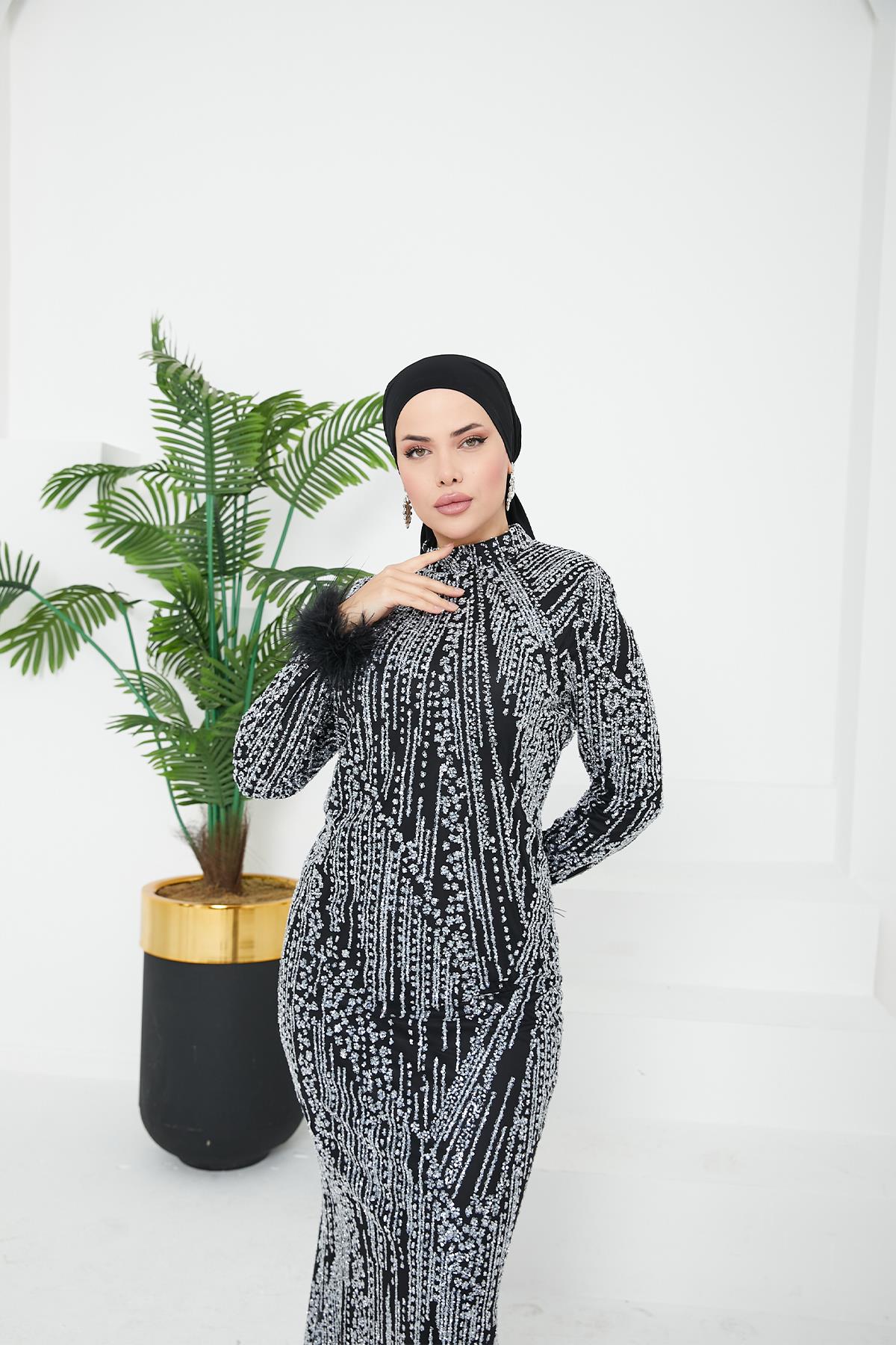 Tesettür Verda Taşlı Abiye SiyahLP6148