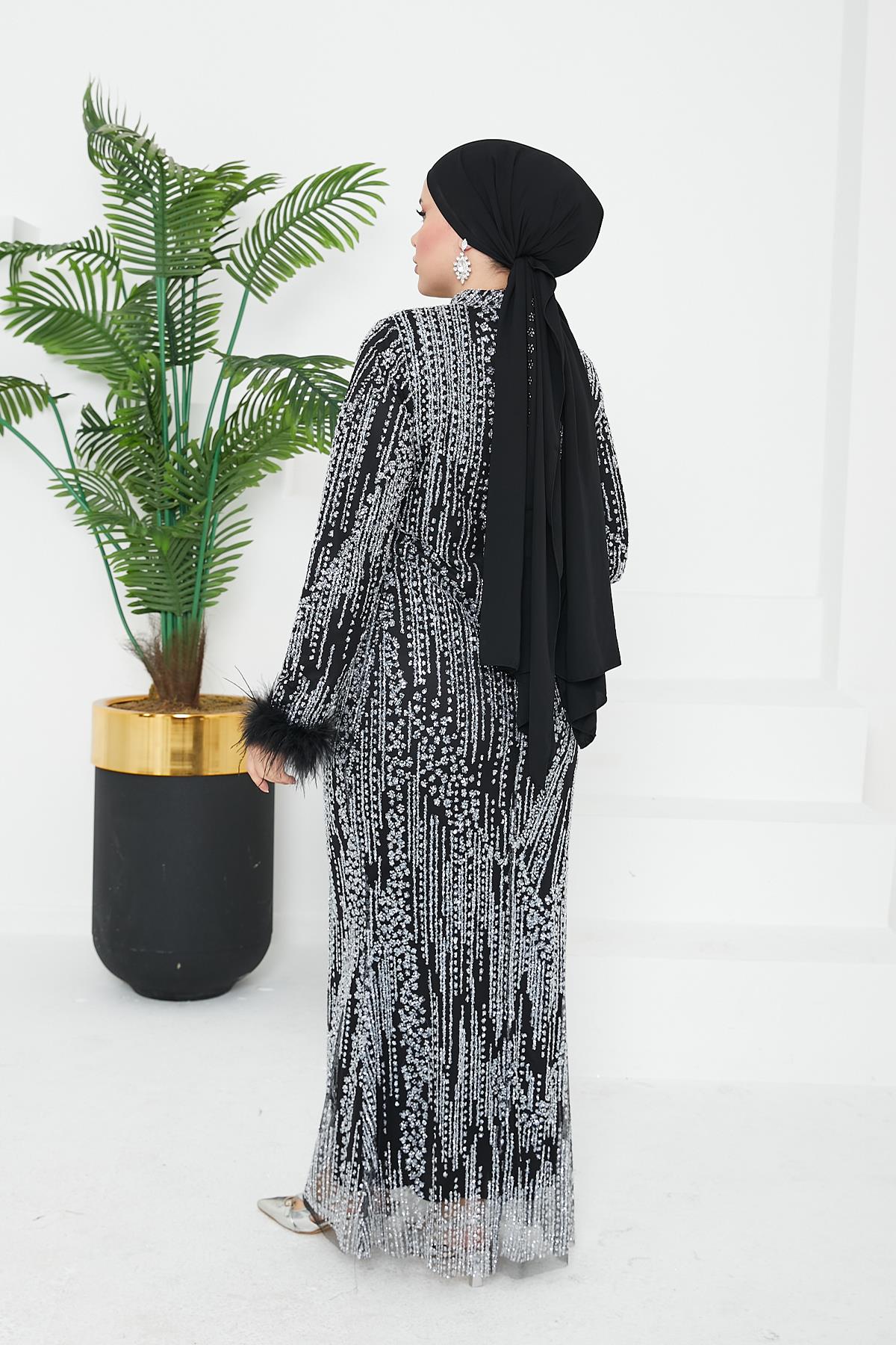 Tesettür Verda Taşlı Abiye SiyahLP6148