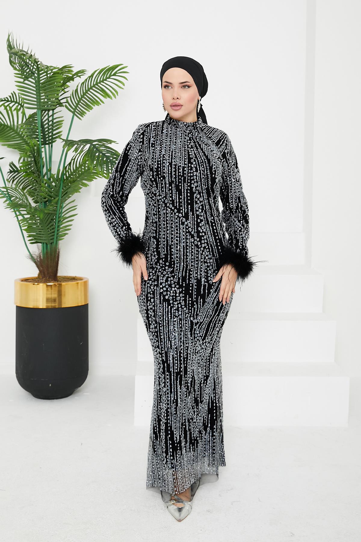 Tesettür Verda Taşlı Abiye SiyahLP6148