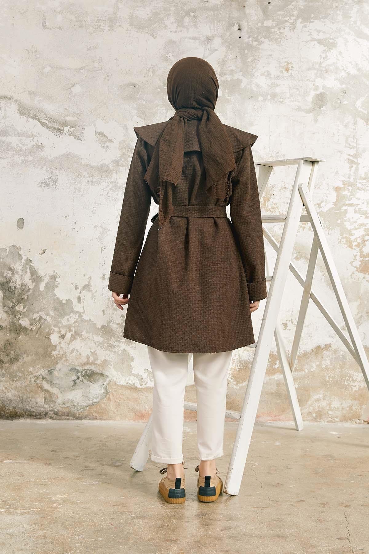 Tesettür Yaka Detaylı Kap kahverengiHM4063