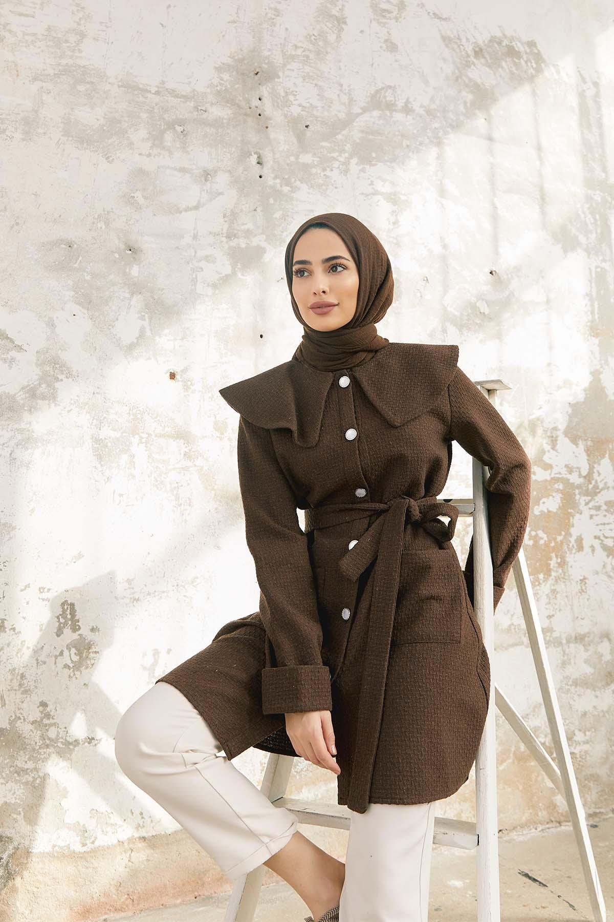 Tesettür Yaka Detaylı Kap kahverengiHM4063
