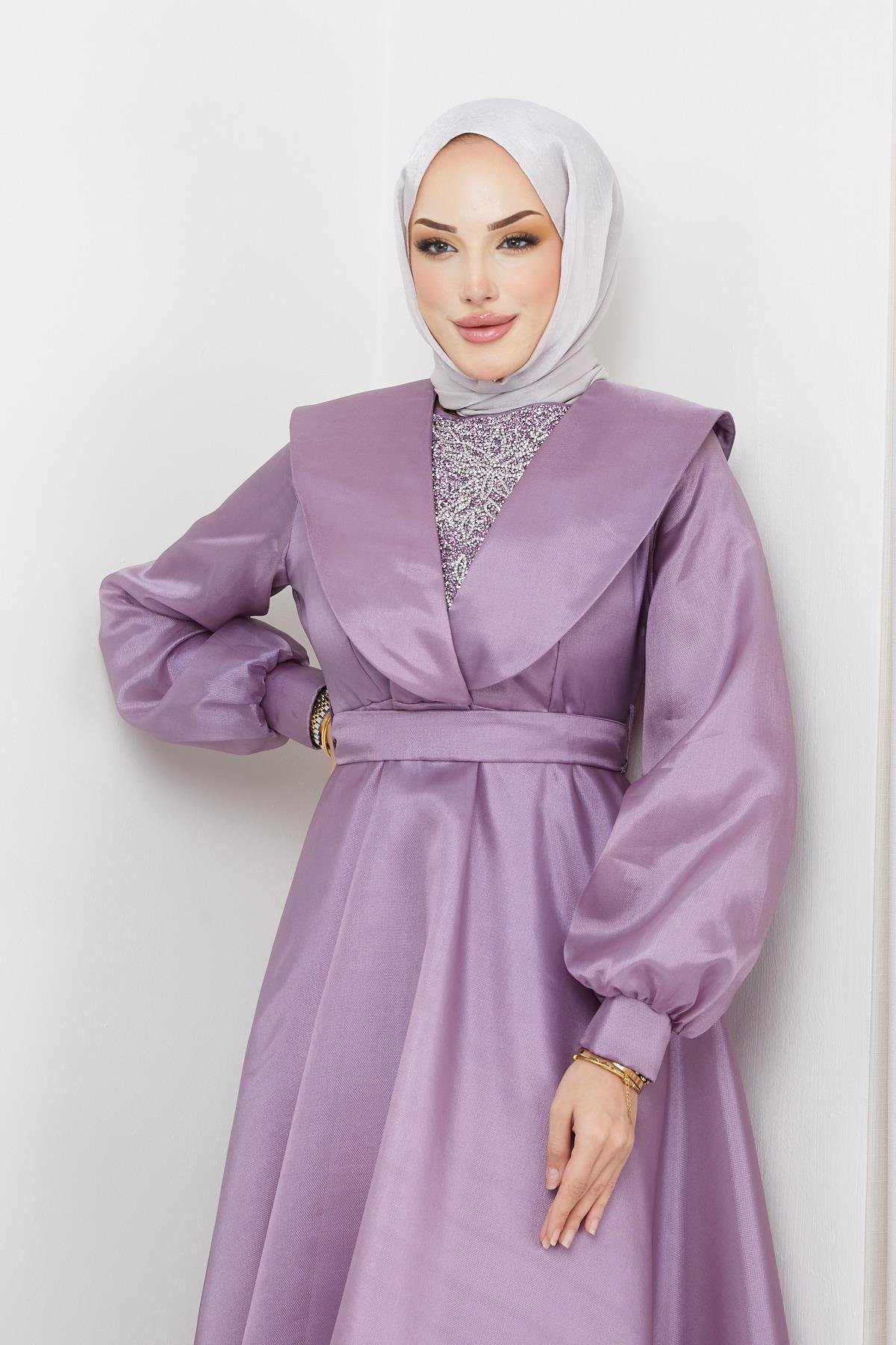 Hijab Collar Detailed, Organza Tulle Evening Dress LilacHM4143