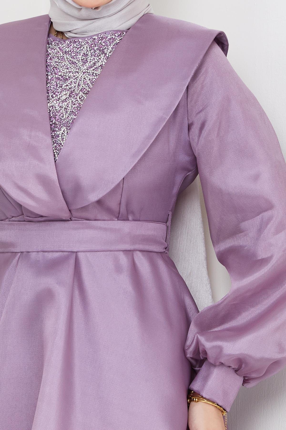 Hijab Collar Detailed, Organza Tulle Evening Dress LilacHM4143