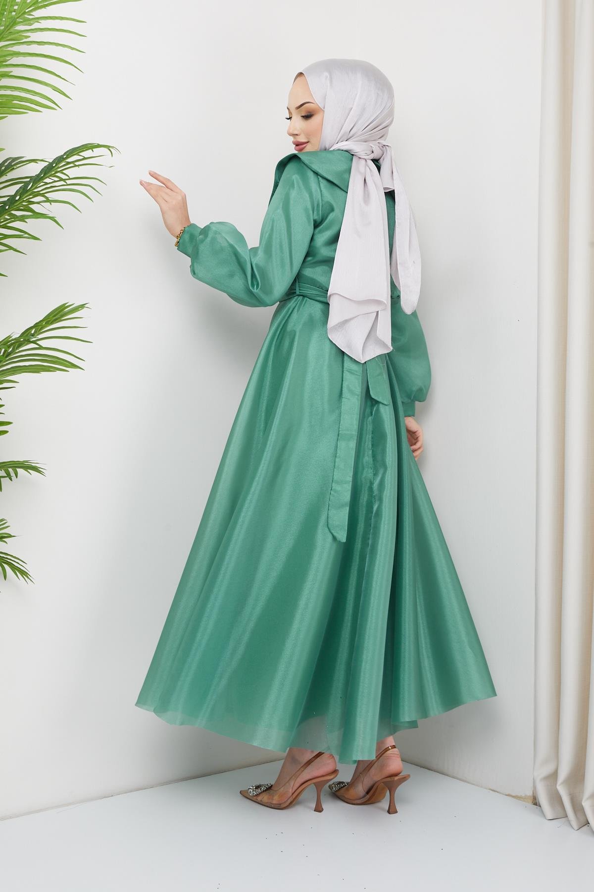 Hijab Yaka Detailed, Organze Tulle Evening Dress Mint GreenHM4143