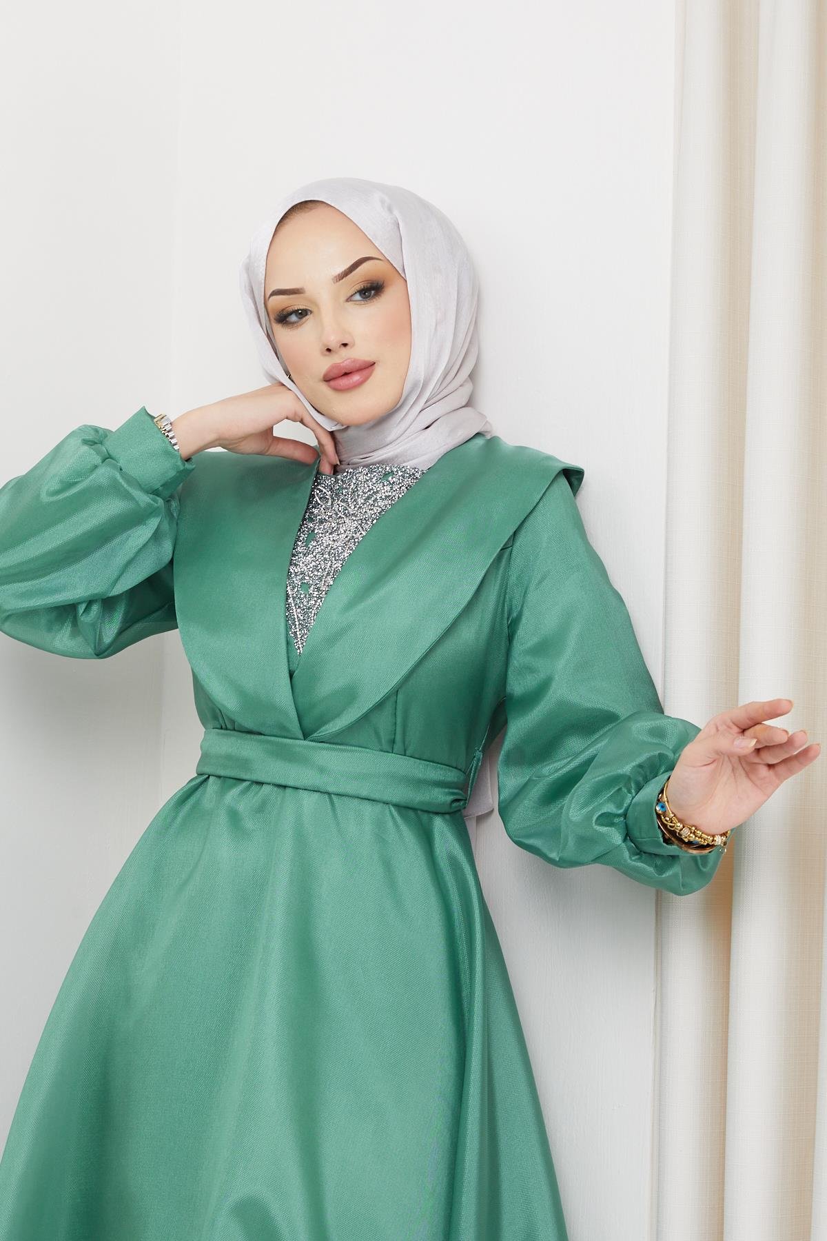 Hijab Yaka Detailed, Organze Tulle Evening Dress Mint GreenHM4143