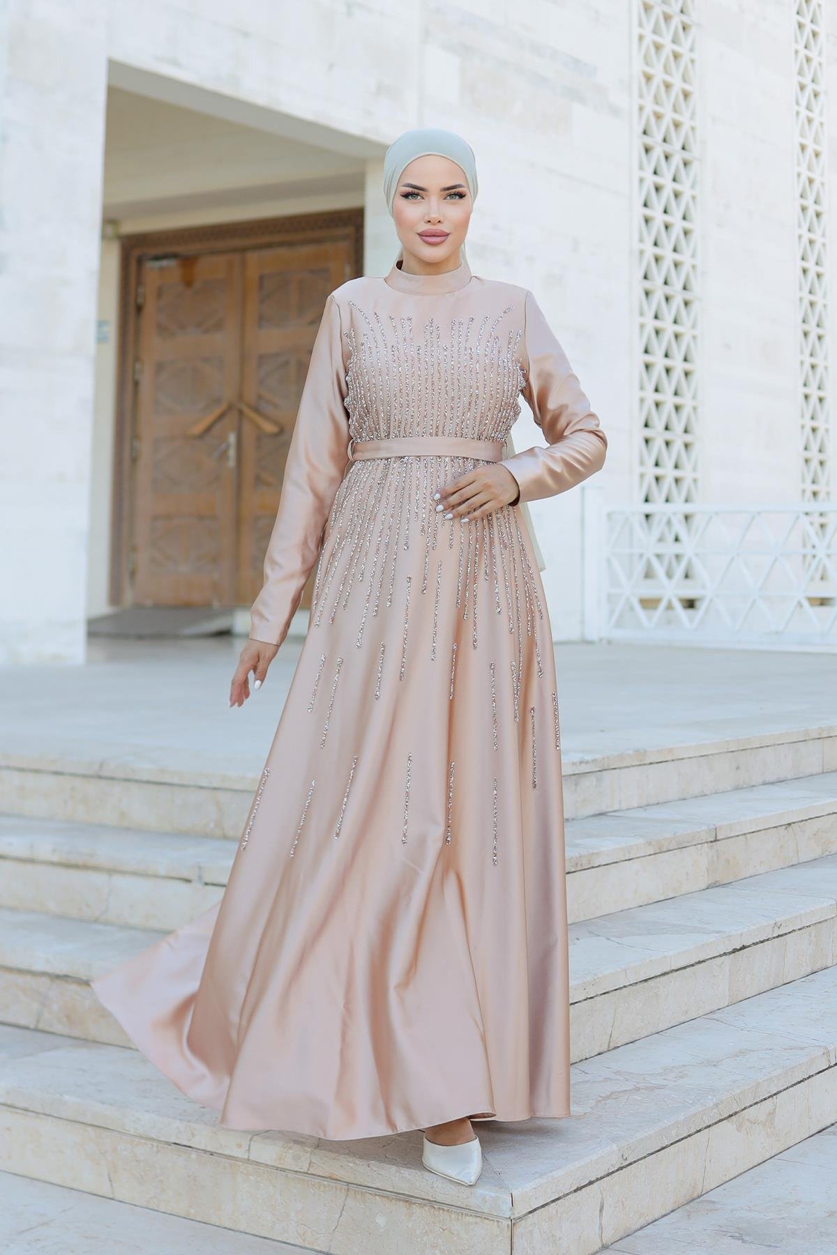 Tesettür Yaren Saten Abiye CamelLP6074