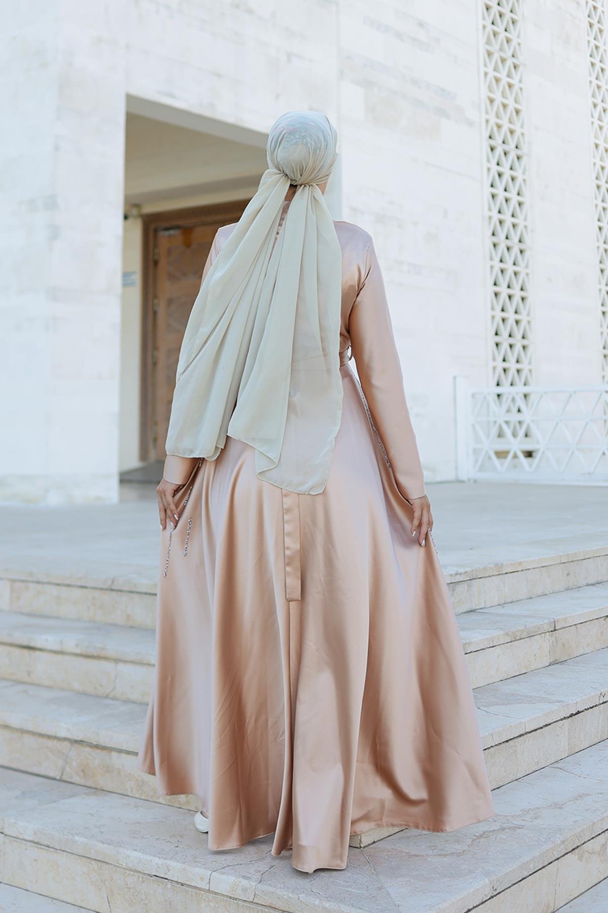 Tesettür Yaren Saten Abiye CamelLP6074