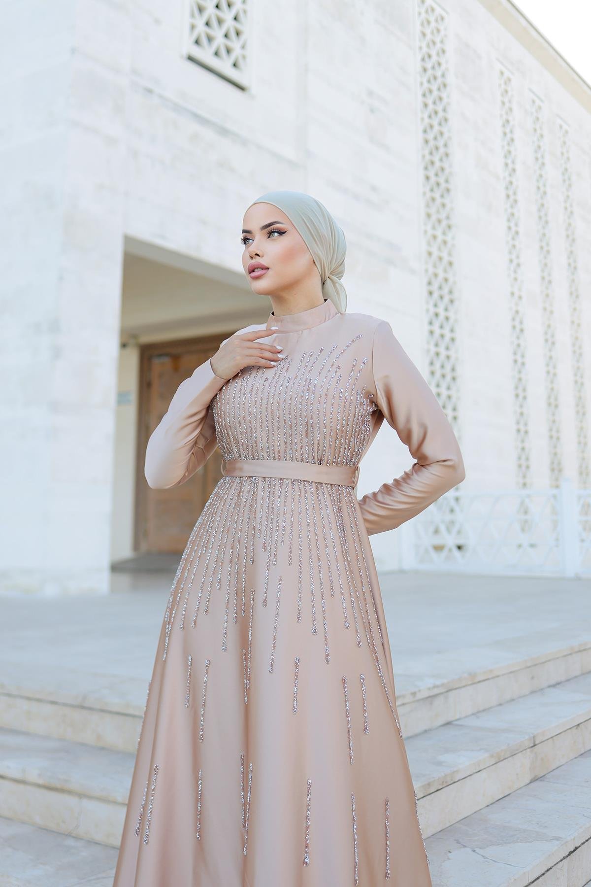 Tesettür Yaren Saten Abiye CamelLP6074