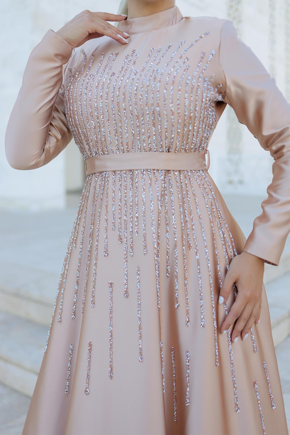 Tesettür Yaren Saten Abiye CamelLP6074