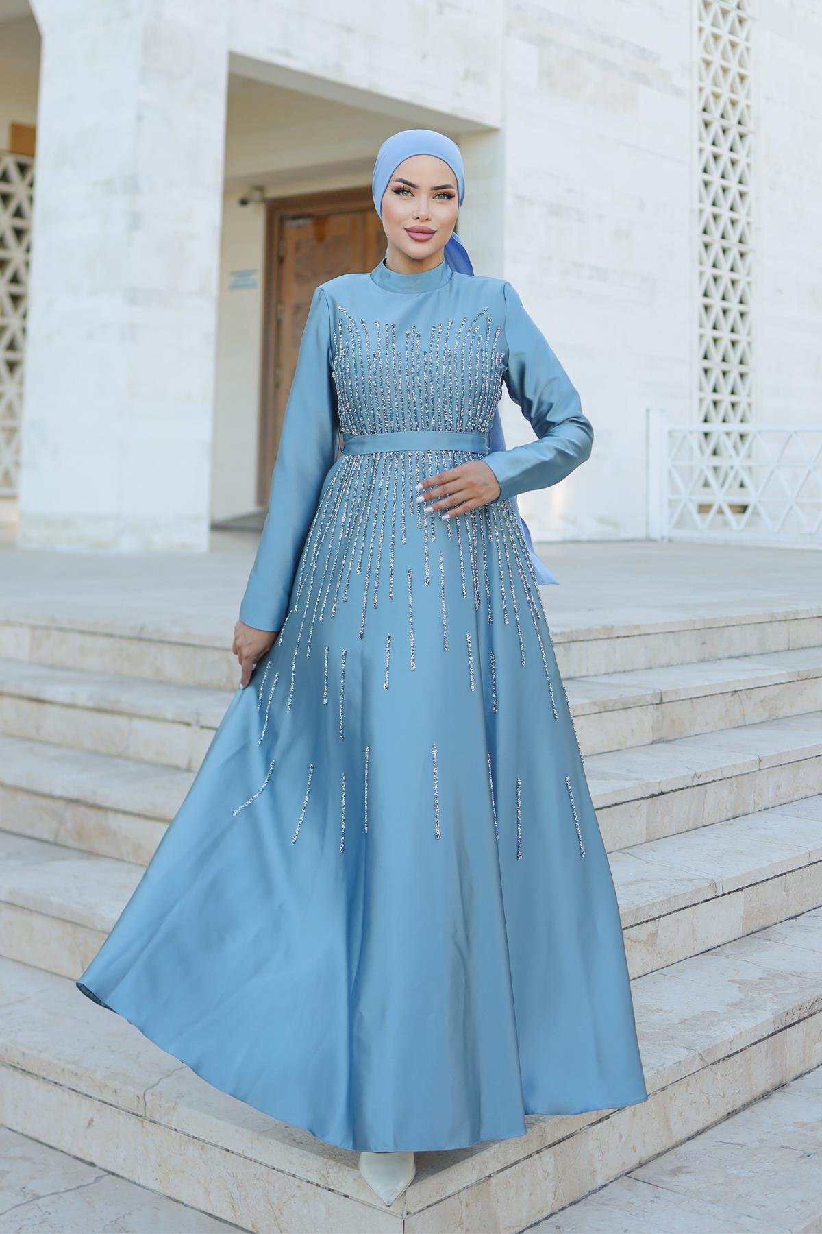 Tesettür Yaren Saten Abiye Mint YeşiliLP6074