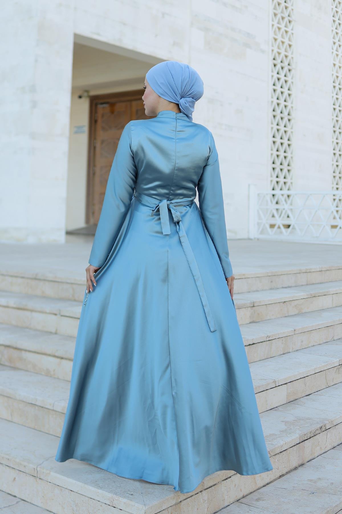 Tesettür Yaren Saten Abiye Mint YeşiliLP6074